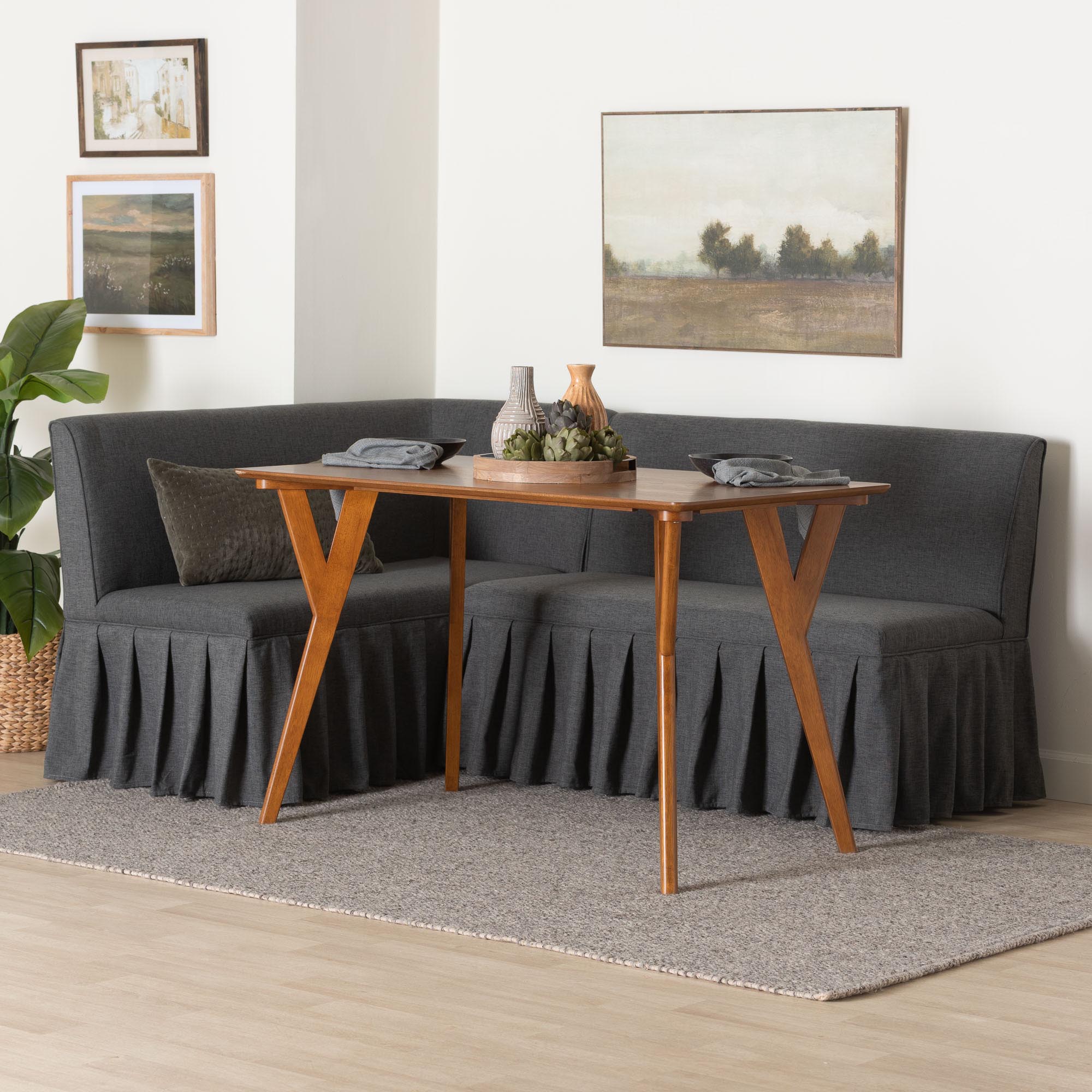 Baxton Studio Randolph 3-Piece Fabric Upholstered Dining Nook Set - Corner Kitchen Banquette with Skirted Base, L-Shaped Breakfast Nook for Small Spaces, Dark Grey