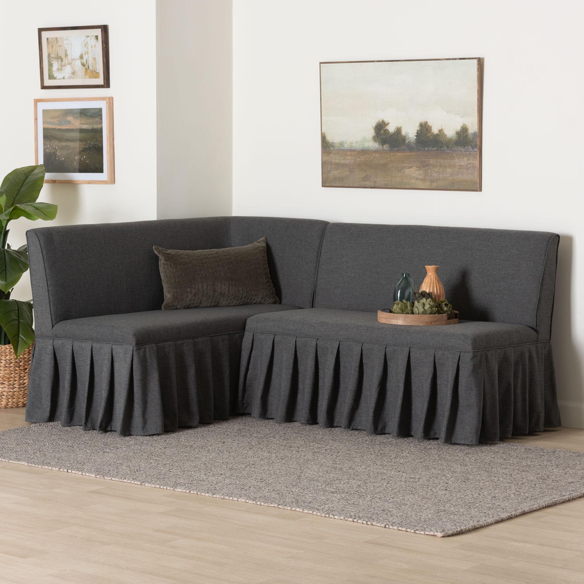 Baxton Studio Bryna 2-Piece Fabric Upholstered Dining Nook Bench Set - Corner Kitchen Banquette Seating with Skirted Base, L-Shaped Breakfast Nook for Small Spaces, Dark Grey