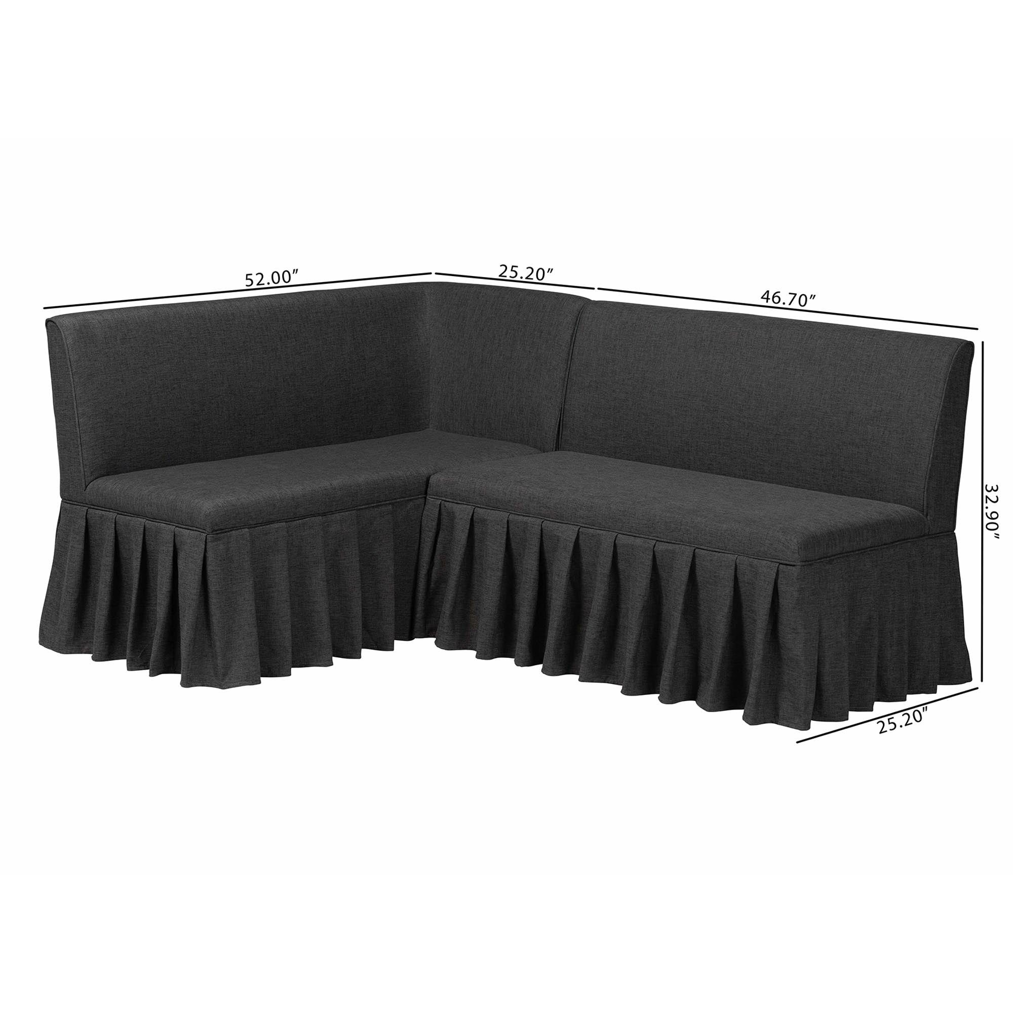 Baxton Studio Bryna 2-Piece Fabric Upholstered Dining Nook Bench Set - Corner Kitchen Banquette Seating with Skirted Base, L-Shaped Breakfast Nook for Small Spaces, Dark Grey