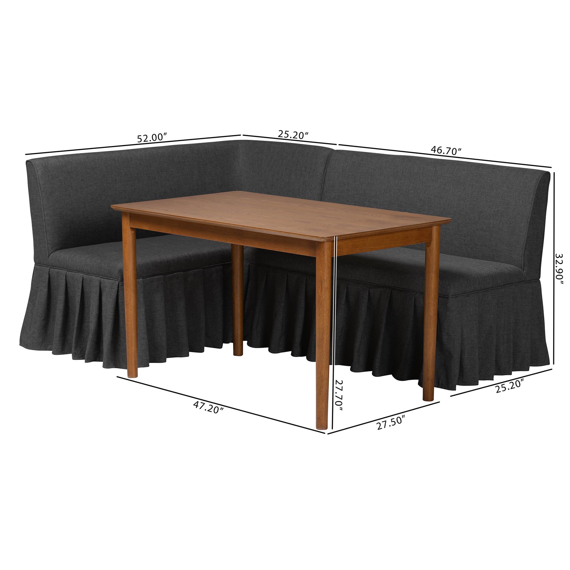 Baxton Studio Richard 3-Piece Fabric Upholstered Dining Nook Set - Corner Kitchen Banquette with Skirted Base, L-Shaped Breakfast Nook for Small Spaces, Dark Grey