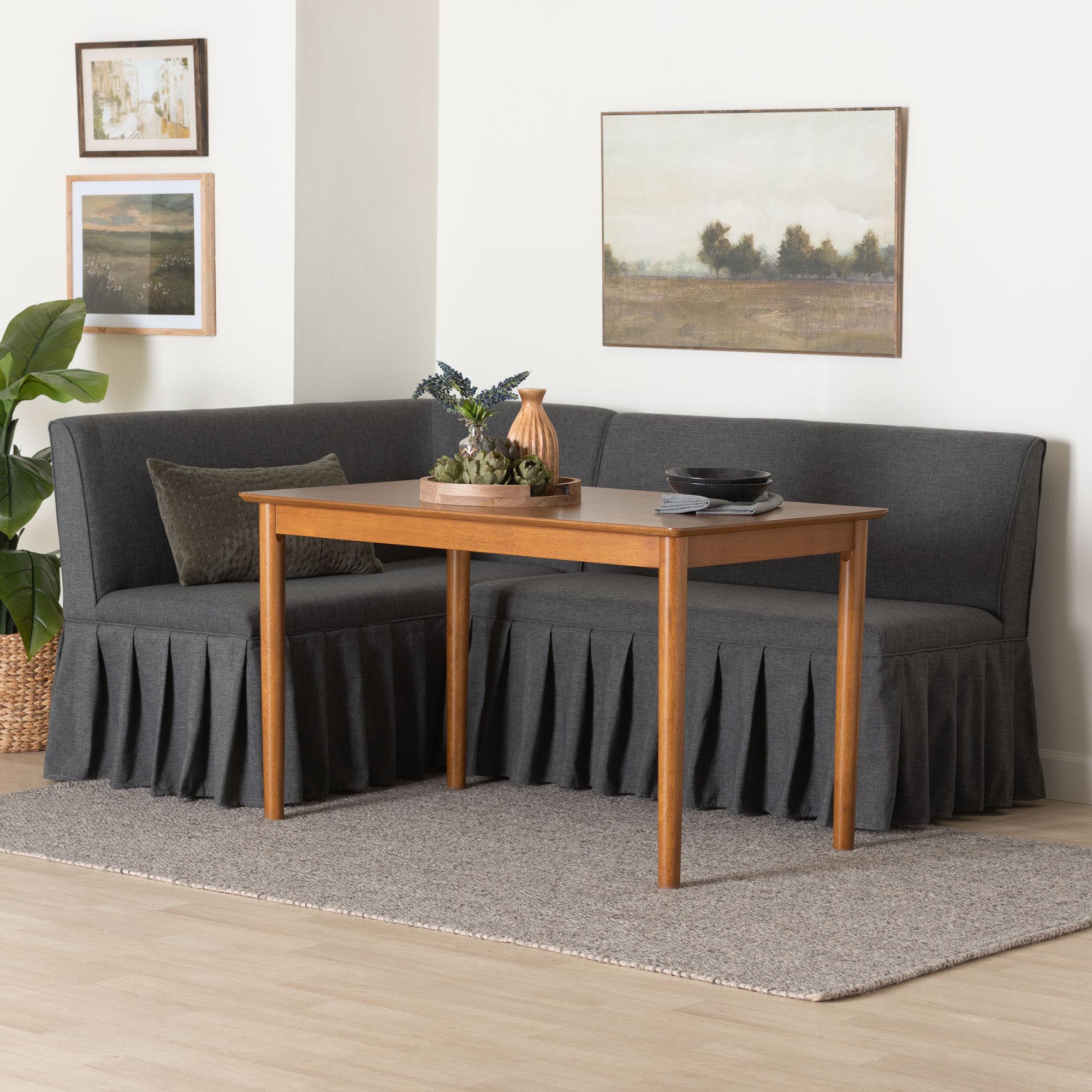 Baxton Studio Richard 3-Piece Fabric Upholstered Dining Nook Set - Corner Kitchen Banquette with Skirted Base, L-Shaped Breakfast Nook for Small Spaces, Dark Grey