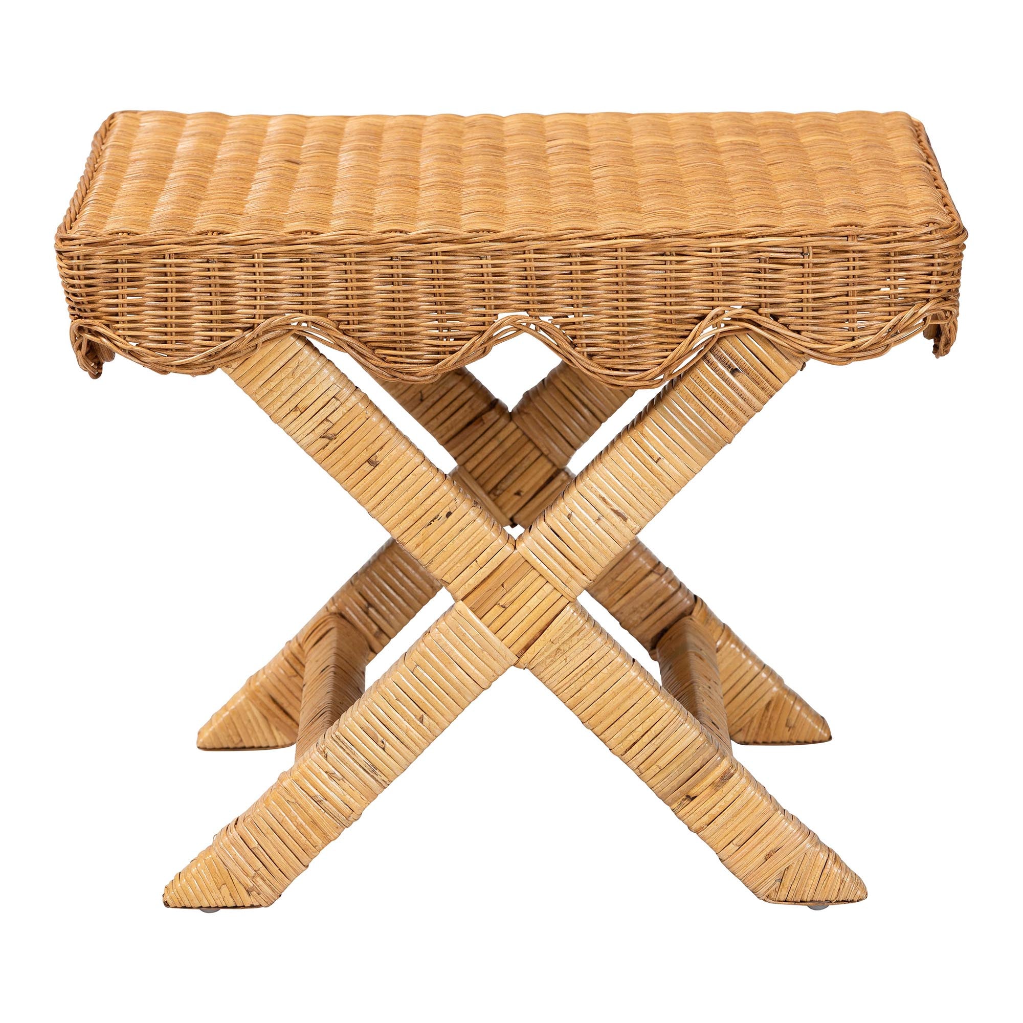 bali & pari Modesta Natural Rattan Accent Bench - Handwoven Wicker Seating with Scalloped Apron and X-Frame Base, Coastal Boho Entryway or Bedroom Seating