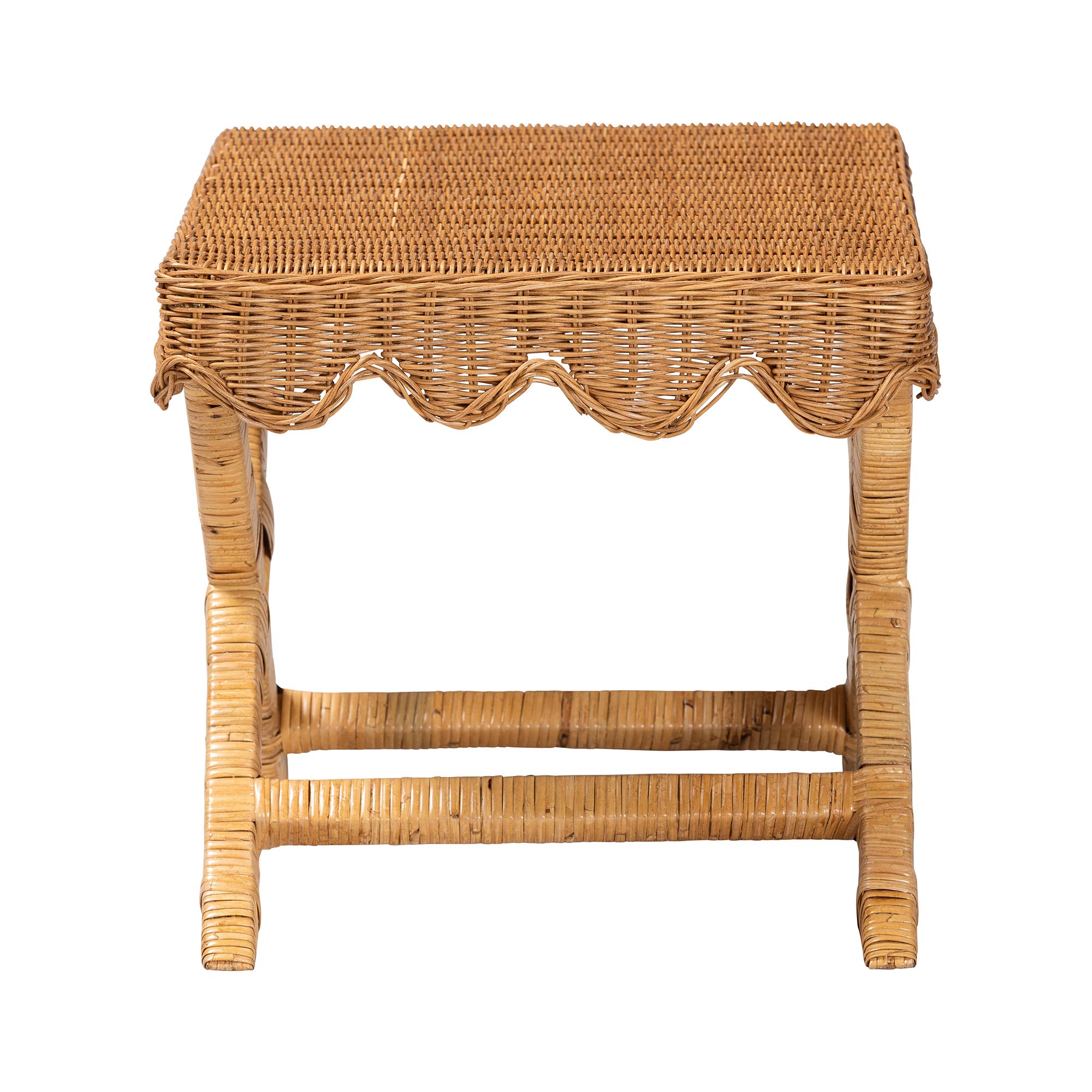 bali & pari Modesta Natural Rattan Accent Bench - Handwoven Wicker Seating with Scalloped Apron and X-Frame Base, Coastal Boho Entryway or Bedroom Seating