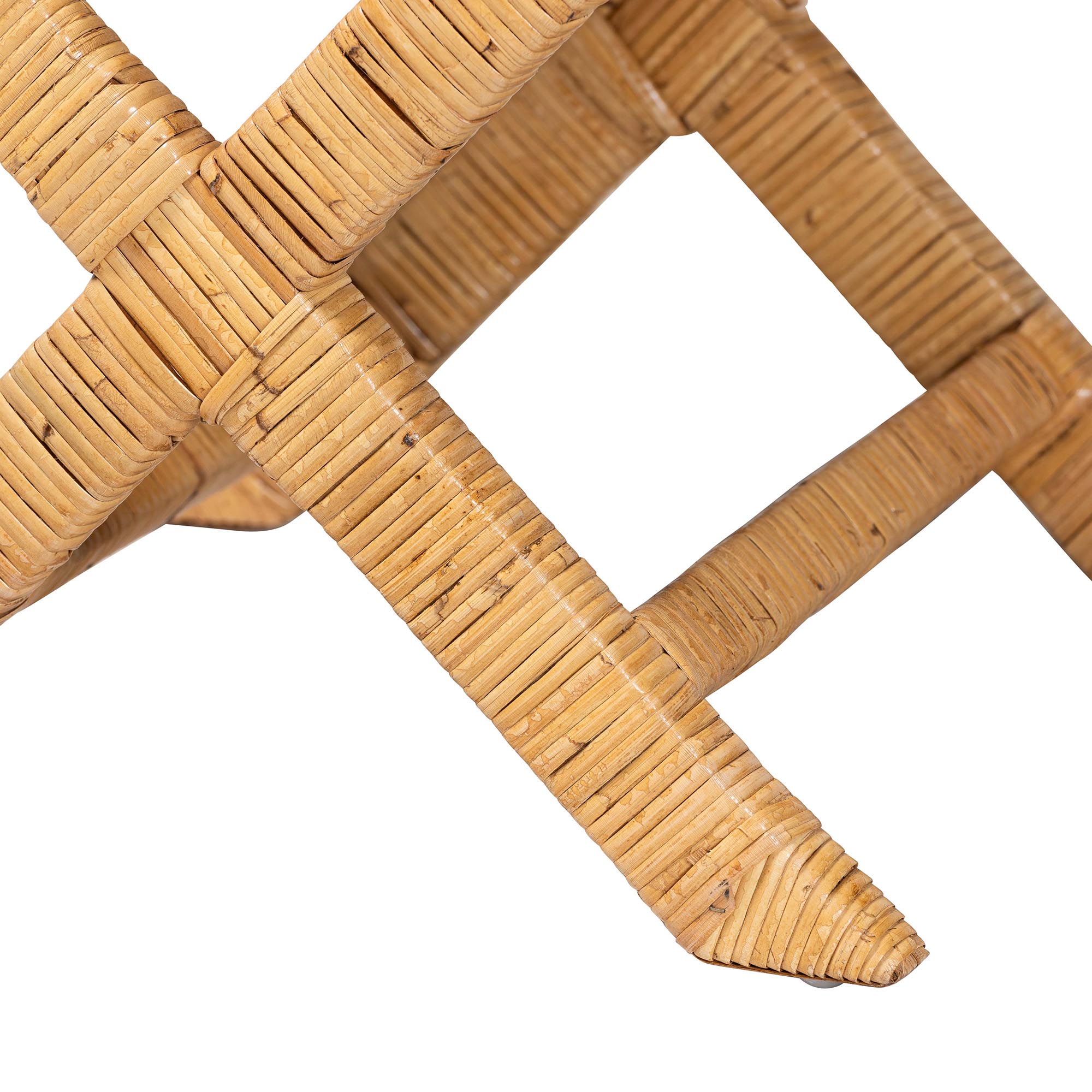 bali & pari Modesta Natural Rattan Accent Bench - Handwoven Wicker Seating with Scalloped Apron and X-Frame Base, Coastal Boho Entryway or Bedroom Seating