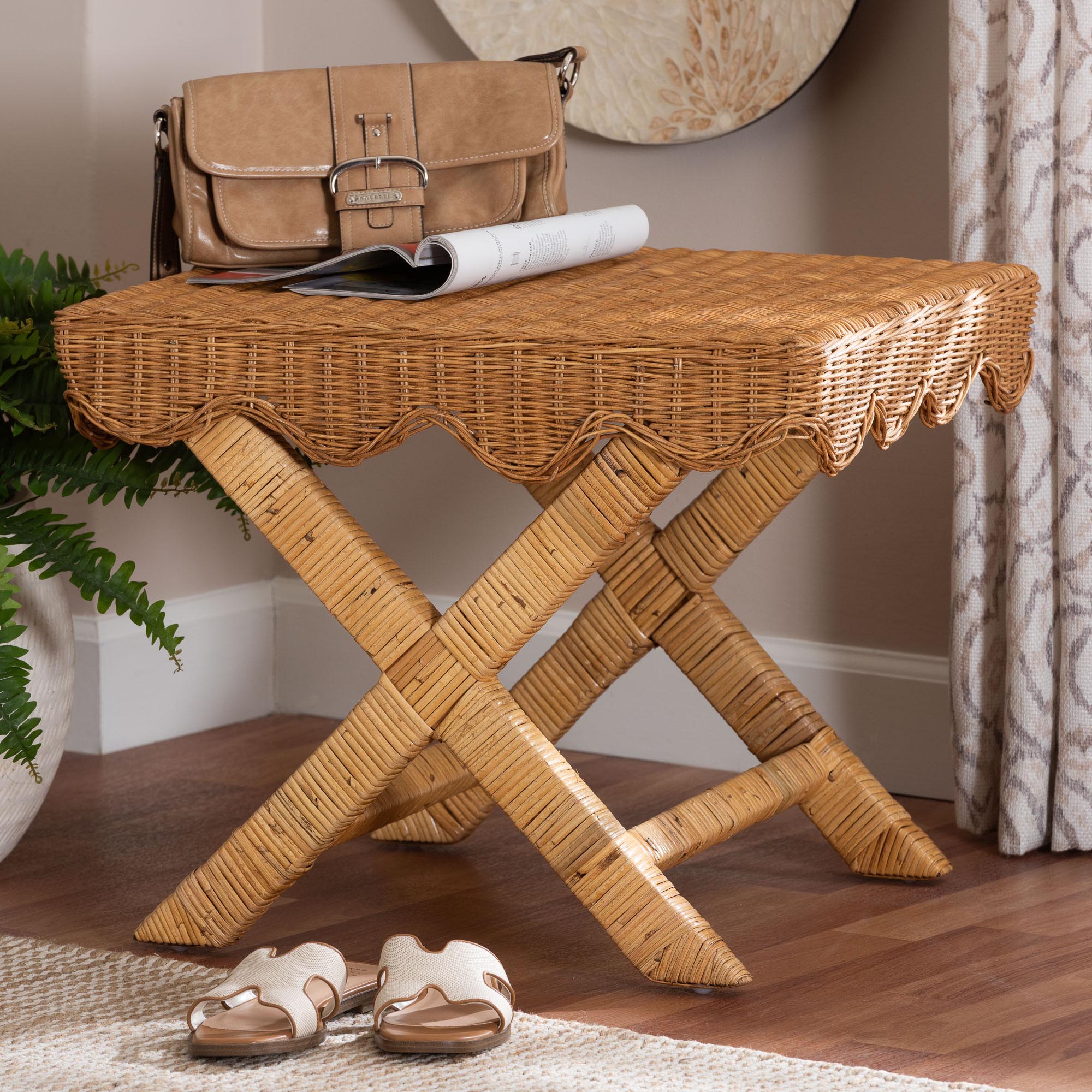 bali & pari Modesta Natural Rattan Accent Bench - Handwoven Wicker Seating with Scalloped Apron and X-Frame Base, Coastal Boho Entryway or Bedroom Seating