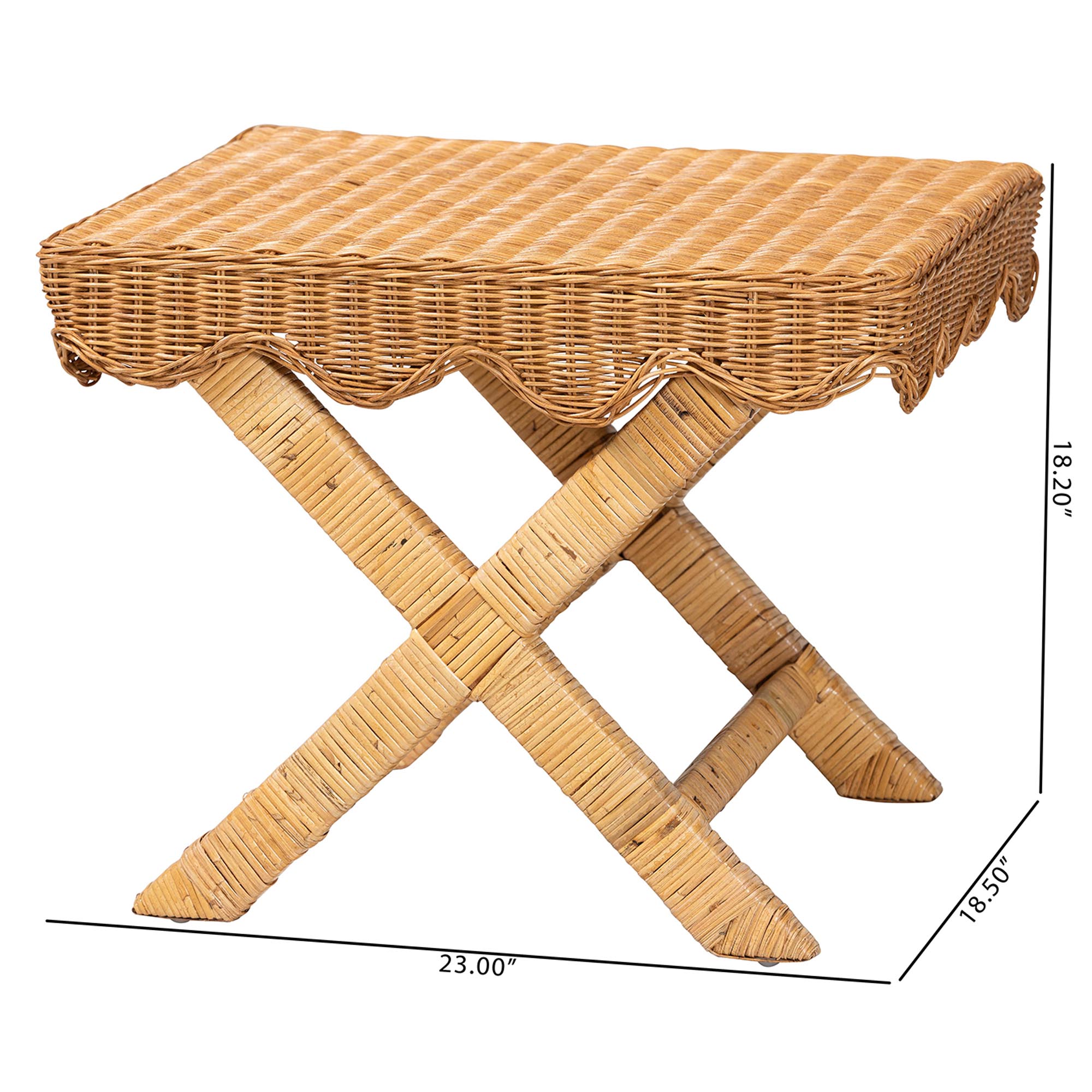 bali & pari Modesta Natural Rattan Accent Bench - Handwoven Wicker Seating with Scalloped Apron and X-Frame Base, Coastal Boho Entryway or Bedroom Seating