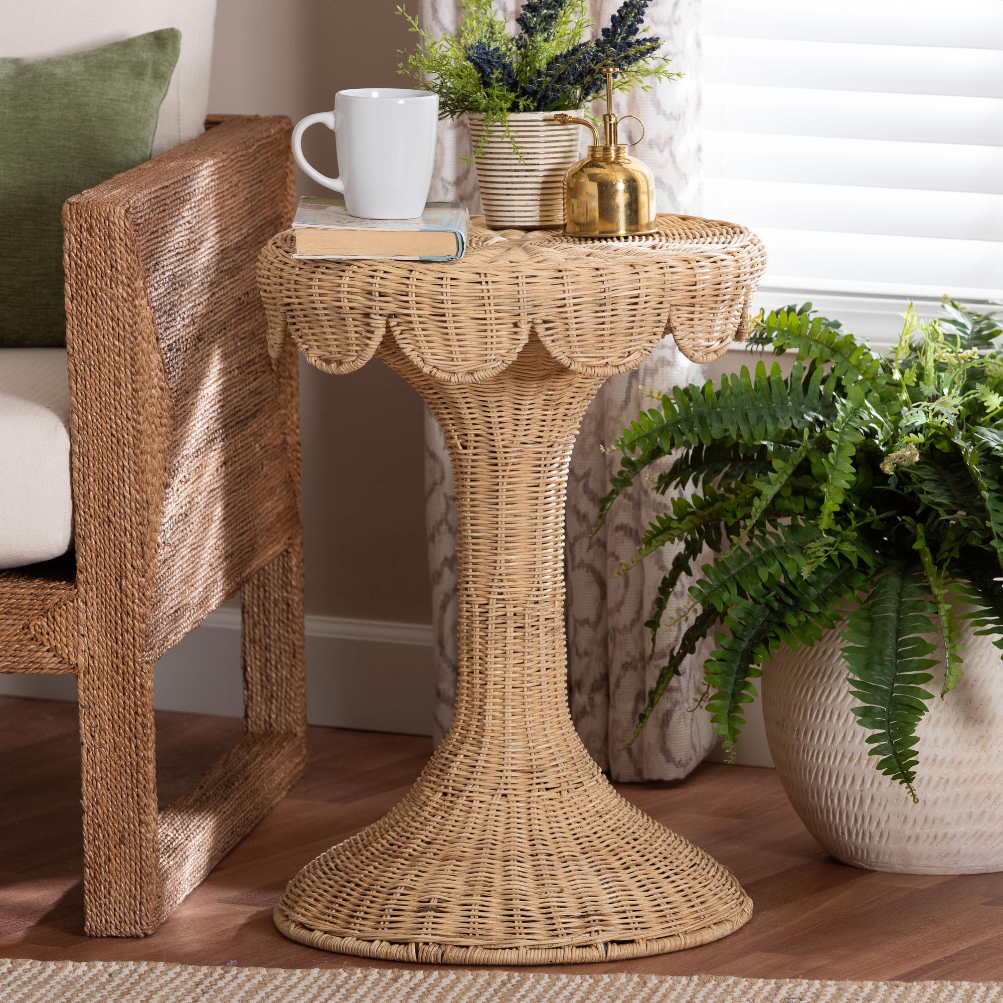 bali & pari Natala Rattan End Table - Handwoven Wicker Tulip Accent Table, Scalloped Edge Side Table for Living Room
