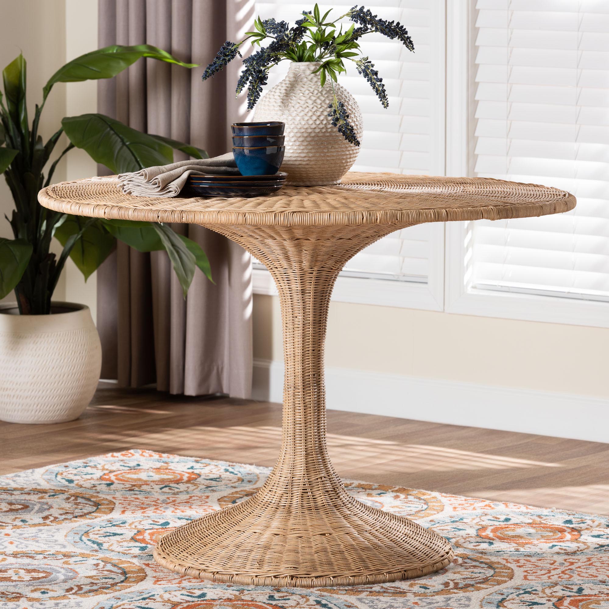 bali & pari Natala Rattan Dining Table - Handwoven Wicker Tulip Table, Pedestal Frame Centerpiece for Dining Room or Kitchen