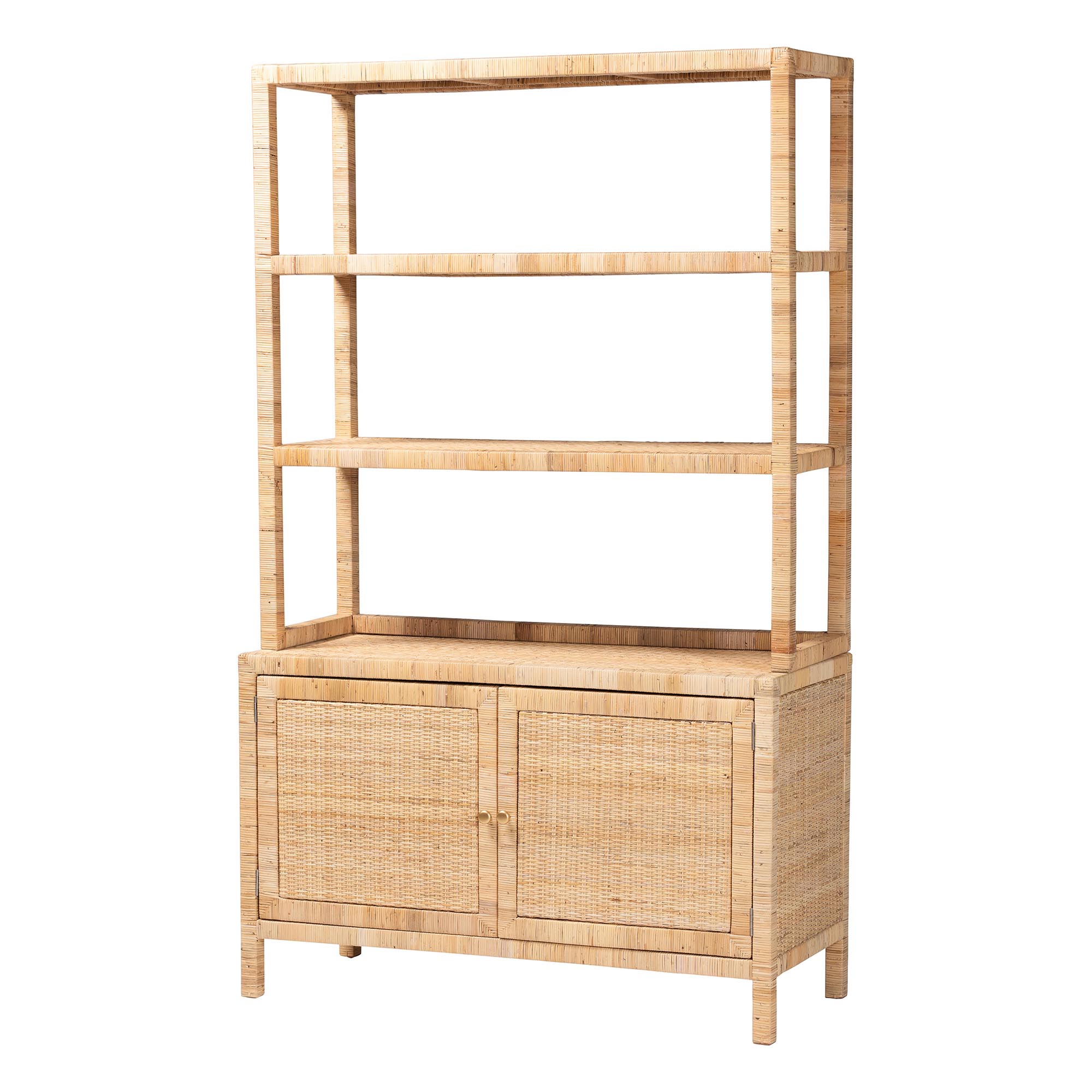 bali & pari Mortis Natural Rattan Open-Shelf Storage Cabinet - 4-Tier Display Shelf with Double Door Base, Coastal Boho Wicker Bookcase or Hutch for Living, Dining Room or Office Organization