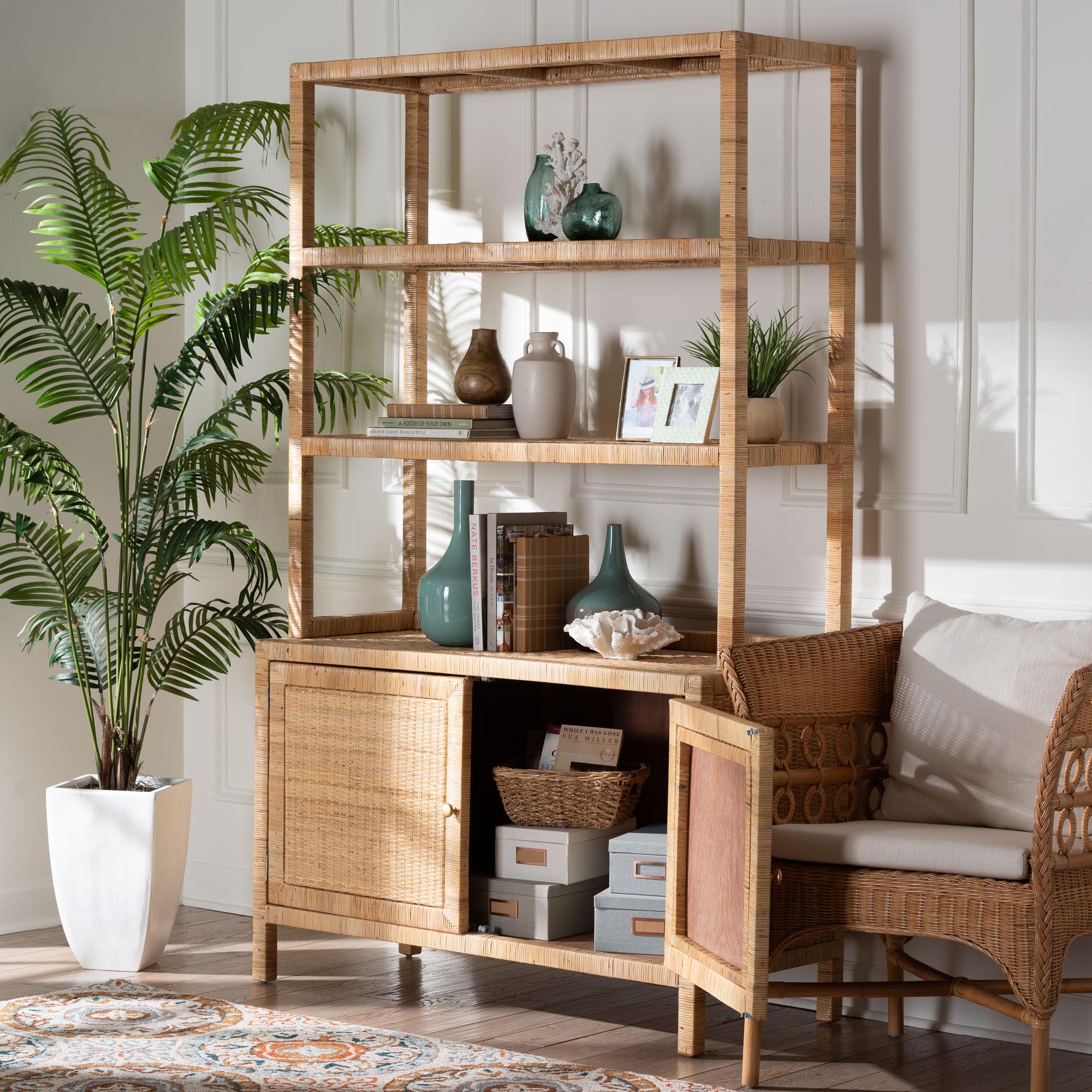 bali & pari Mortis Natural Rattan Open-Shelf Storage Cabinet - 4-Tier Display Shelf with Double Door Base, Coastal Boho Wicker Bookcase or Hutch for Living, Dining Room or Office Organization