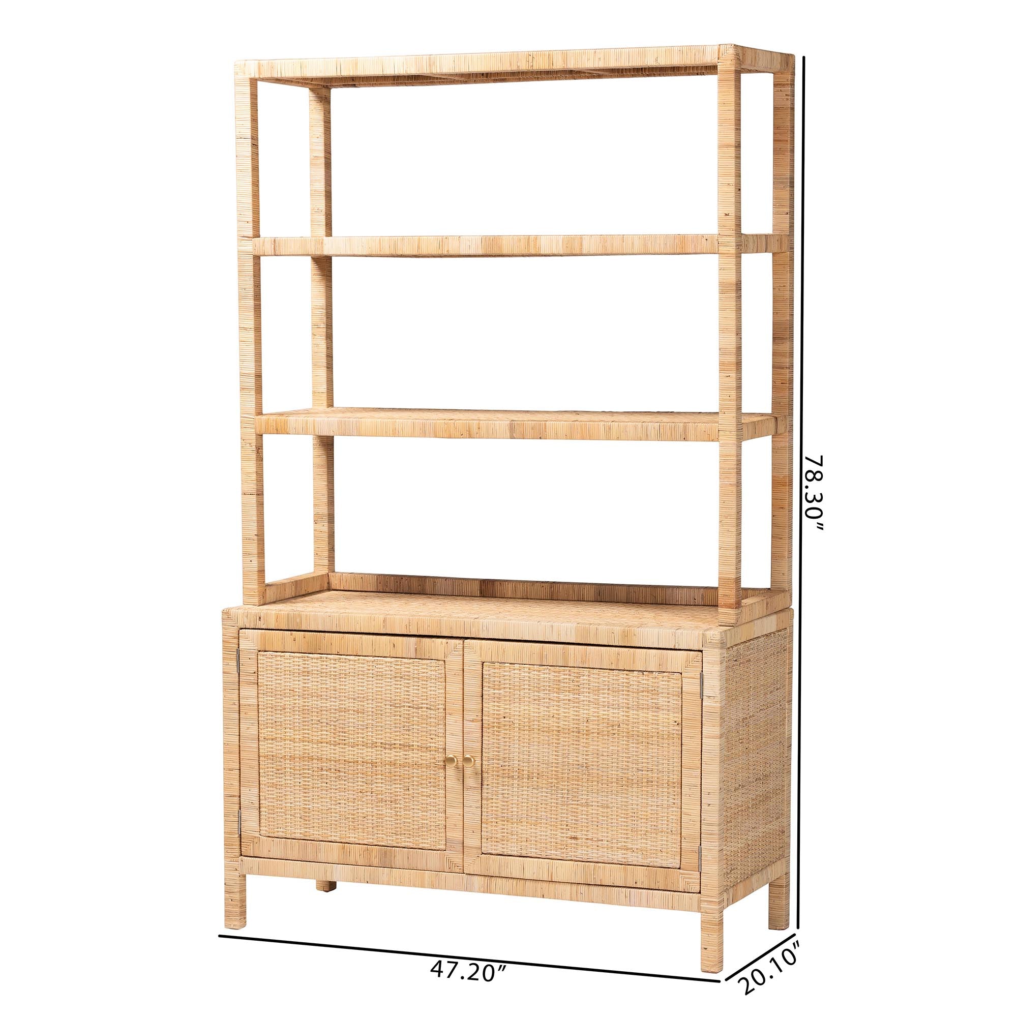 bali & pari Mortis Natural Rattan Open-Shelf Storage Cabinet - 4-Tier Display Shelf with Double Door Base, Coastal Boho Wicker Bookcase or Hutch for Living, Dining Room or Office Organization