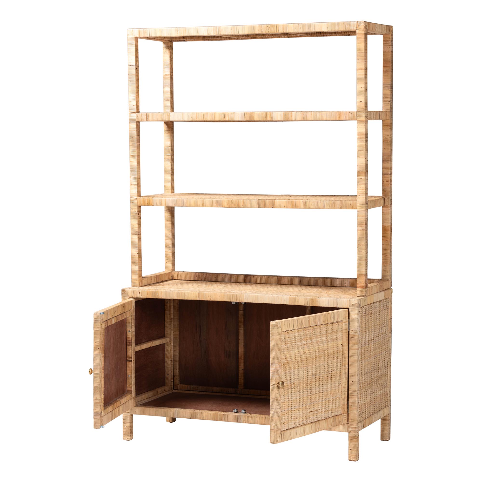 bali & pari Mortis Natural Rattan Open-Shelf Storage Cabinet - 4-Tier Display Shelf with Double Door Base, Coastal Boho Wicker Bookcase or Hutch for Living, Dining Room or Office Organization