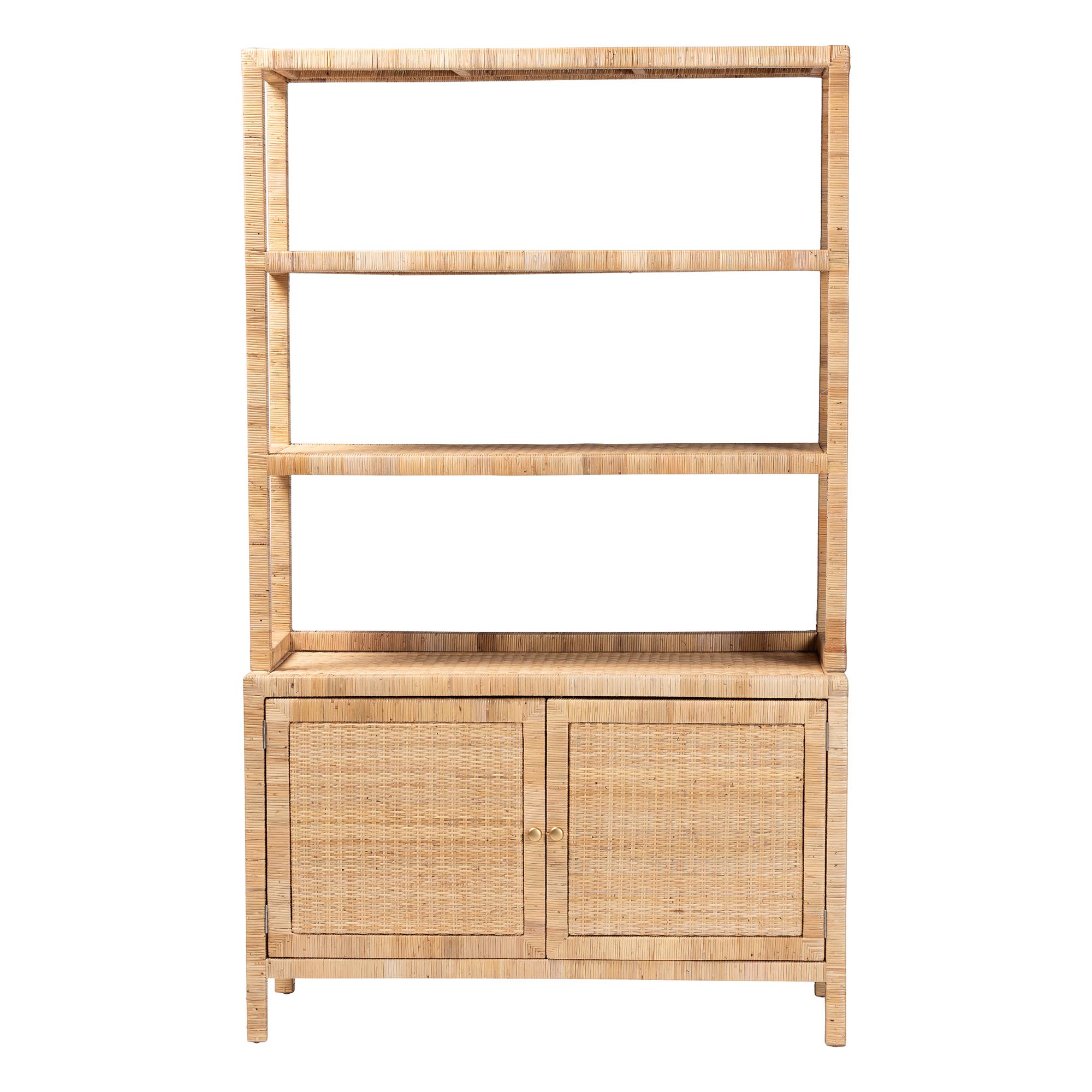 bali & pari Mortis Natural Rattan Open-Shelf Storage Cabinet - 4-Tier Display Shelf with Double Door Base, Coastal Boho Wicker Bookcase or Hutch for Living, Dining Room or Office Organization