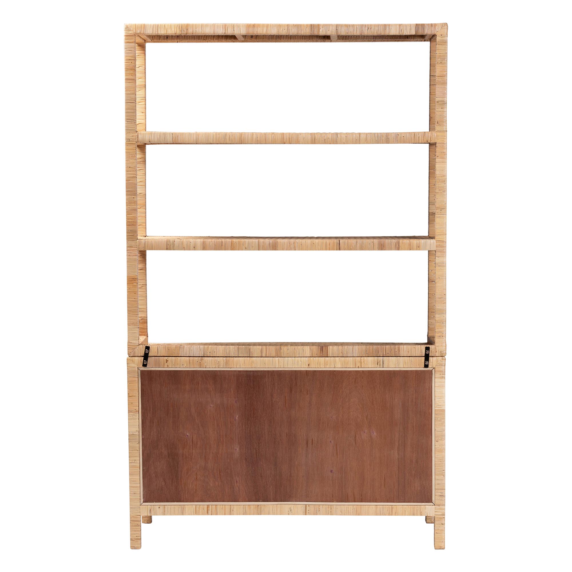 bali & pari Mortis Natural Rattan Open-Shelf Storage Cabinet - 4-Tier Display Shelf with Double Door Base, Coastal Boho Wicker Bookcase or Hutch for Living, Dining Room or Office Organization