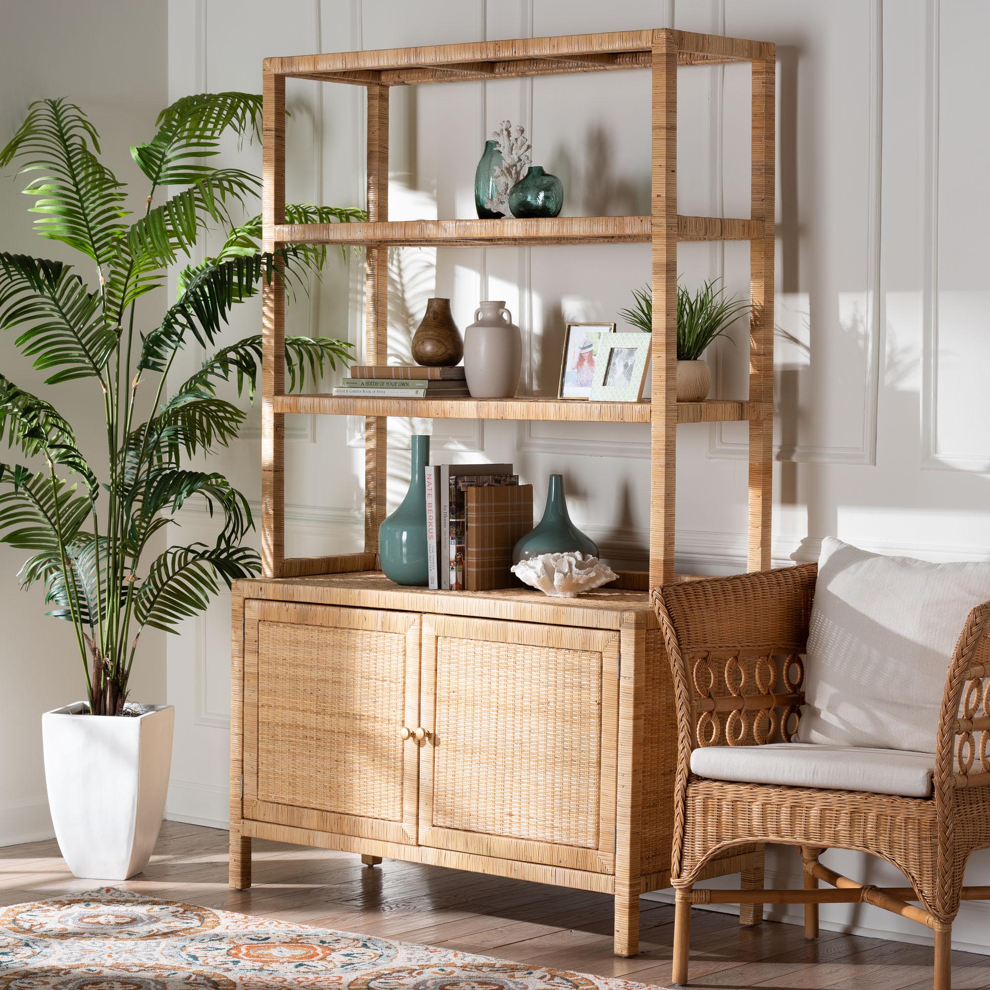 bali & pari Mortis Natural Rattan Open-Shelf Storage Cabinet - 4-Tier Display Shelf with Double Door Base, Coastal Boho Wicker Bookcase or Hutch for Living, Dining Room or Office Organization