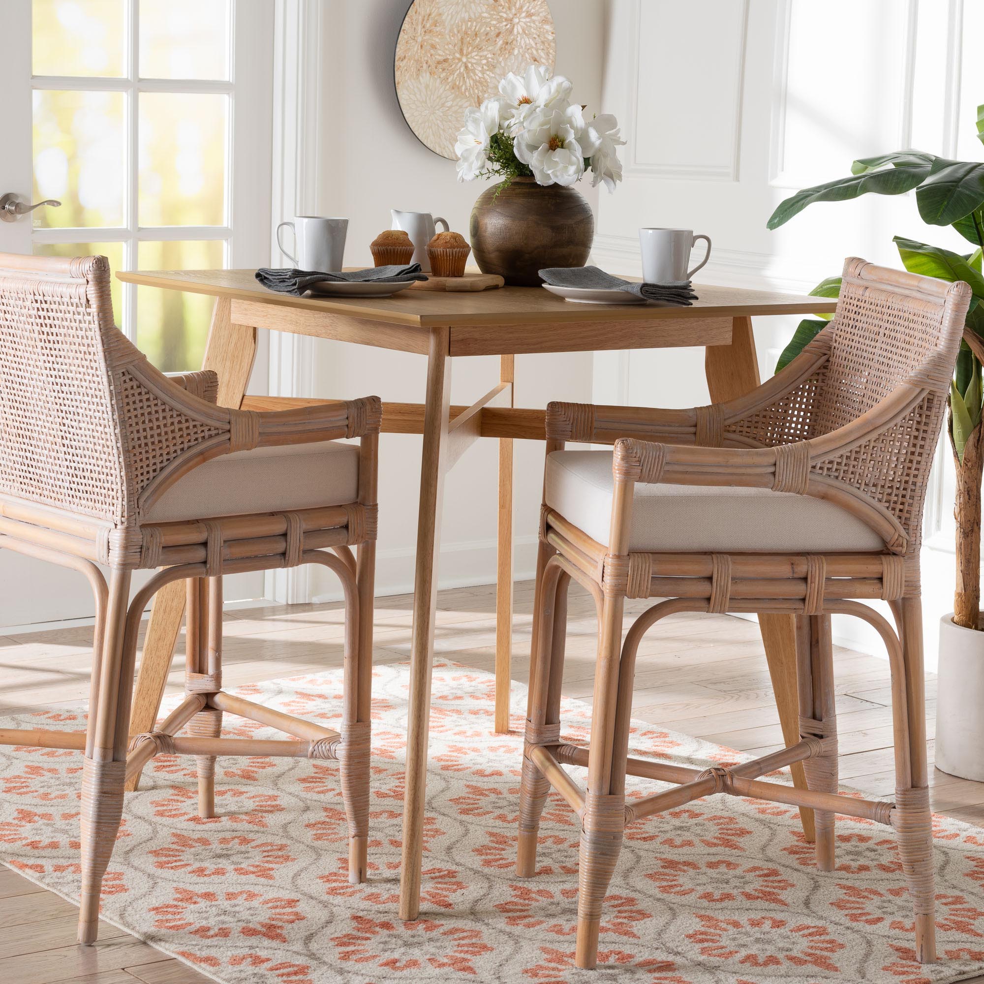 bali & pari Allen Natural Rattan Counter Stool - Handwoven Wicker Stool with Lattice Back and Removable Cushion, Counter Height Seating for Kitchen Island or Lounge