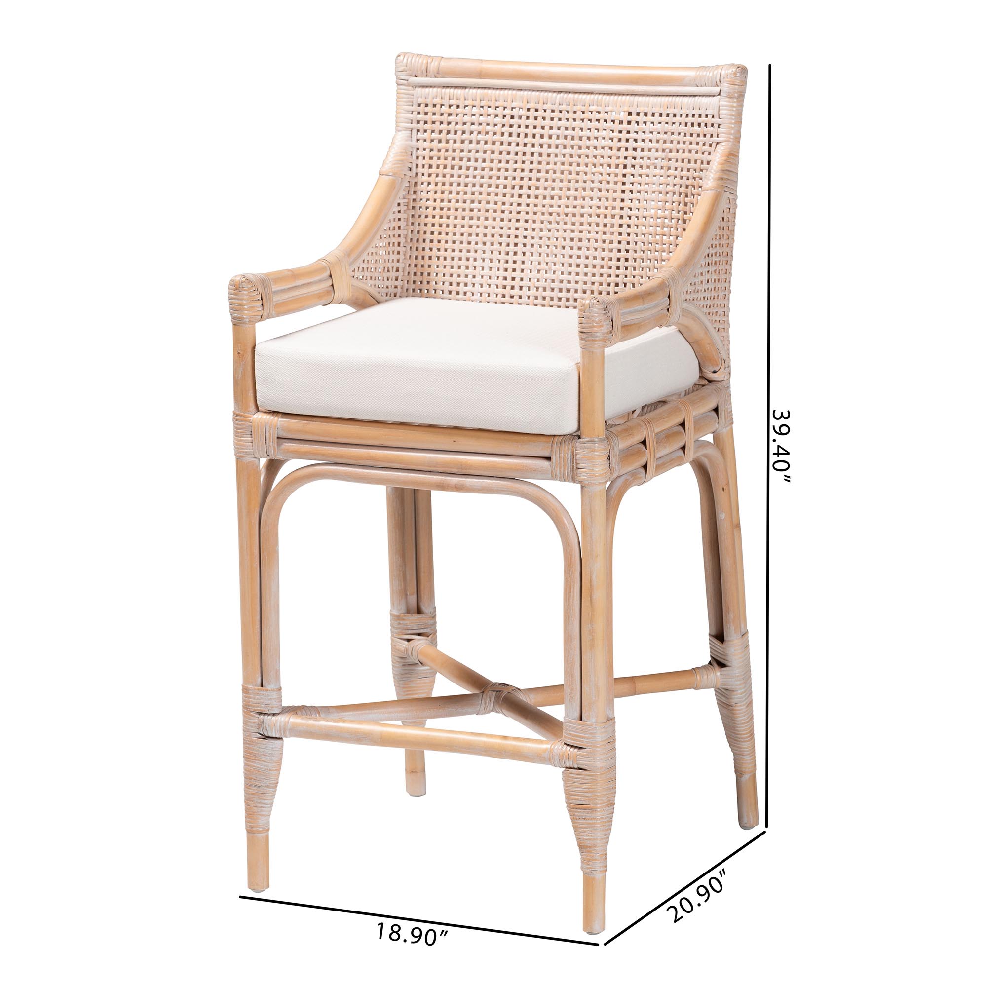 bali & pari Allen Natural Rattan Counter Stool - Handwoven Wicker Stool with Lattice Back and Removable Cushion, Counter Height Seating for Kitchen Island or Lounge