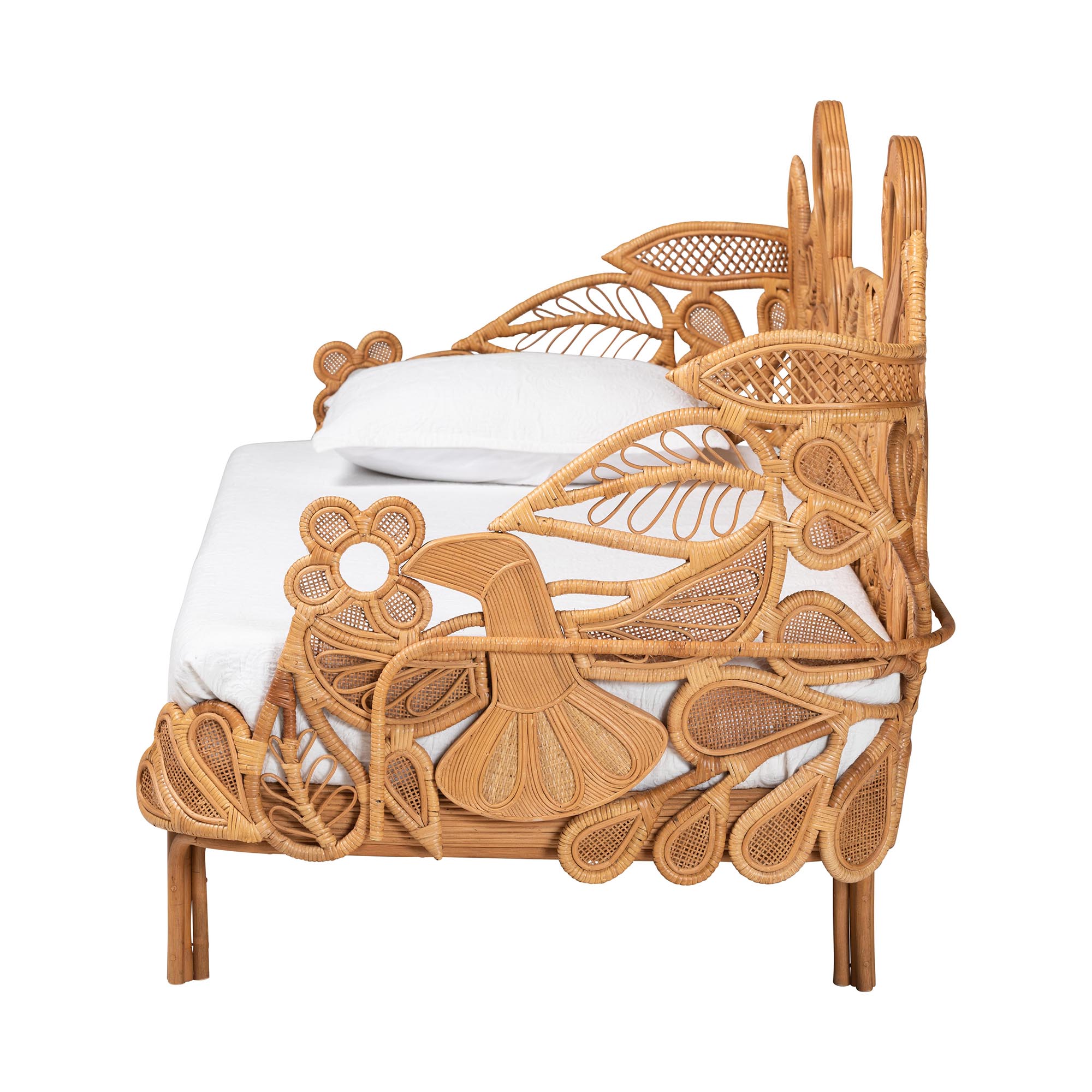 bali & pari Aves Natural Rattan Daybed with Decorative Flamingo Frame - Handwoven Wicker Lounge Bed with Boho Coastal Frame for Living Room, Bedroom, or Sunroom, Twin