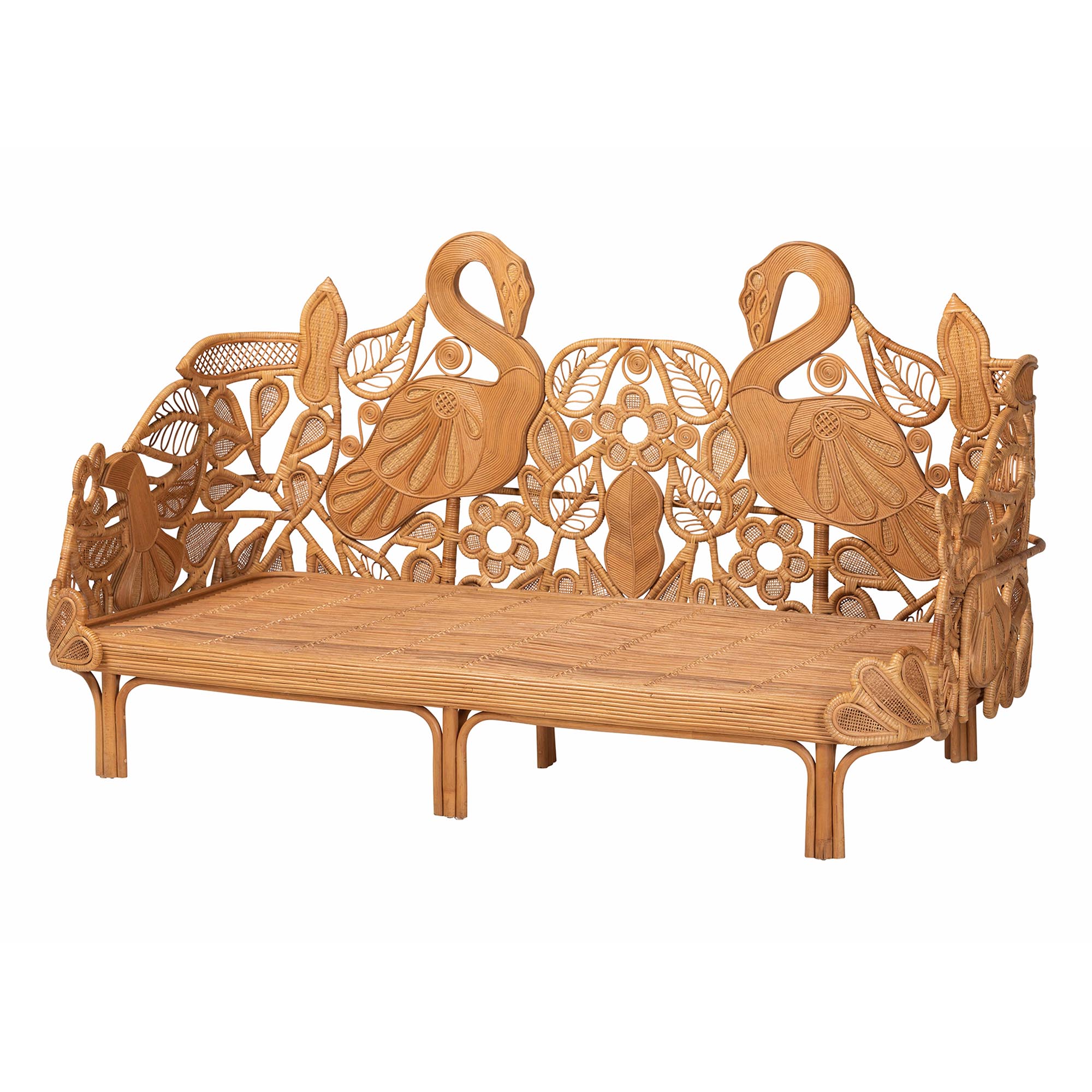bali & pari Aves Natural Rattan Daybed with Decorative Flamingo Frame - Handwoven Wicker Lounge Bed with Boho Coastal Frame for Living Room, Bedroom, or Sunroom, Twin