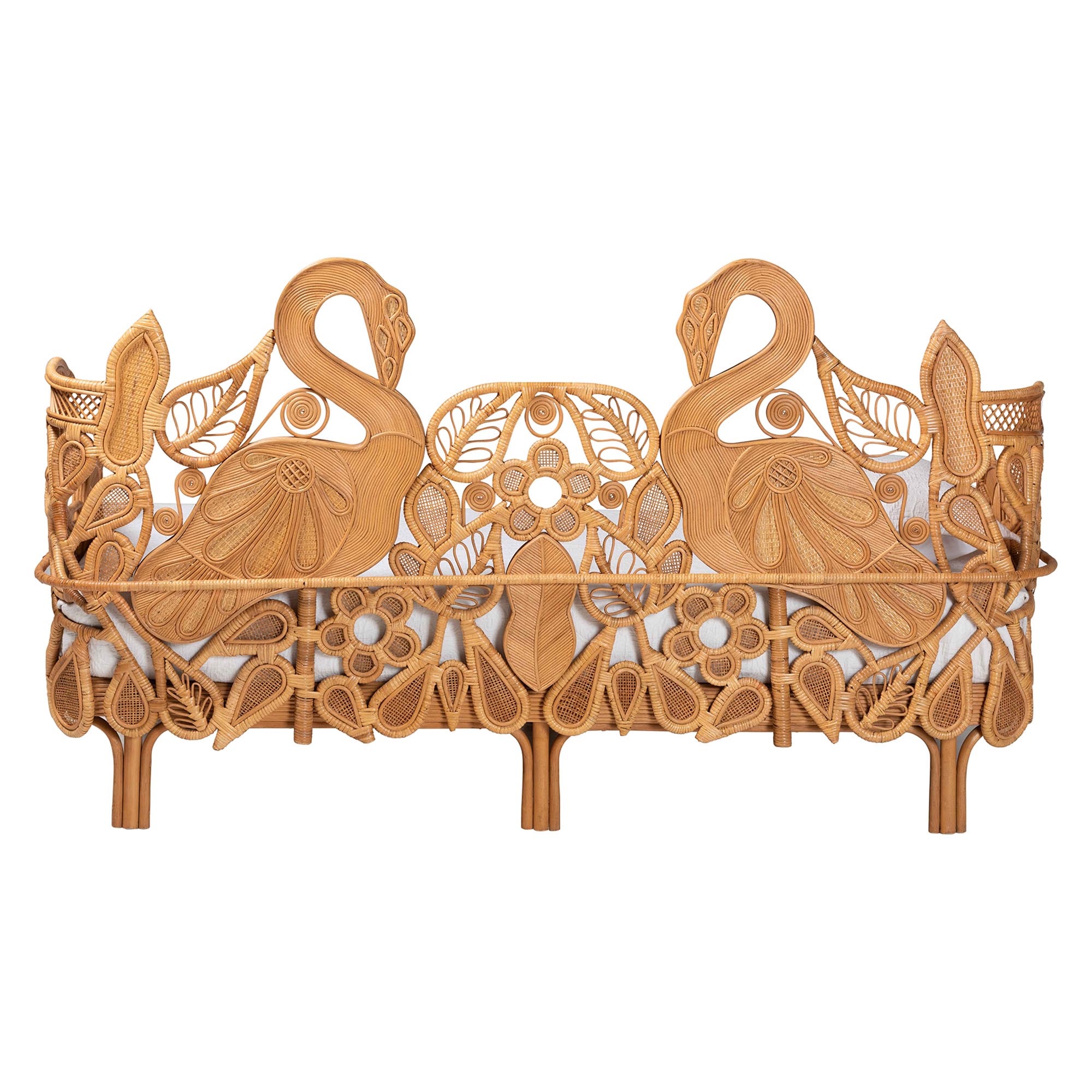 bali & pari Aves Natural Rattan Daybed with Decorative Flamingo Frame - Handwoven Wicker Lounge Bed with Boho Coastal Frame for Living Room, Bedroom, or Sunroom, Twin