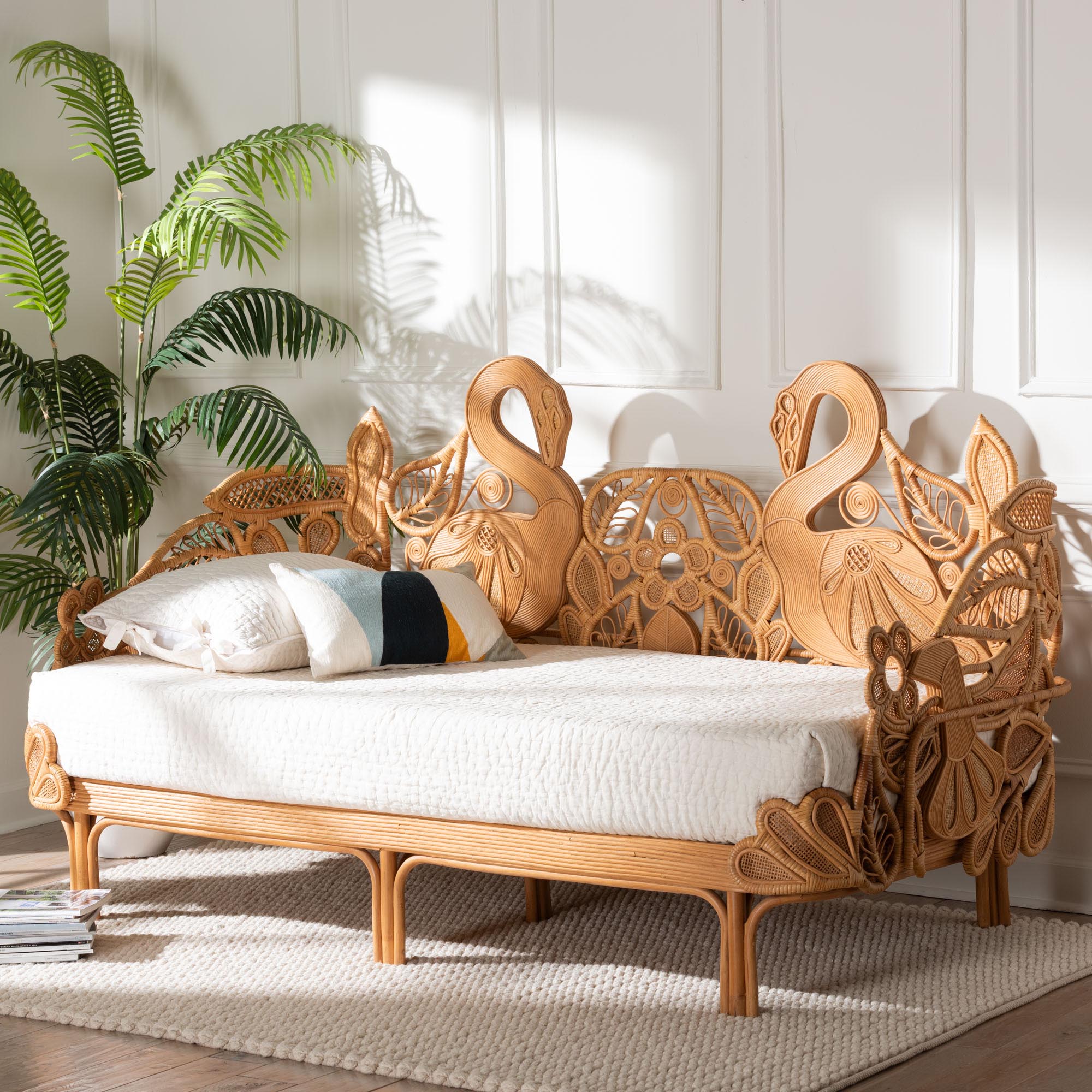 bali & pari Aves Natural Rattan Daybed with Decorative Flamingo Frame - Handwoven Wicker Lounge Bed with Boho Coastal Frame for Living Room, Bedroom, or Sunroom, Twin
