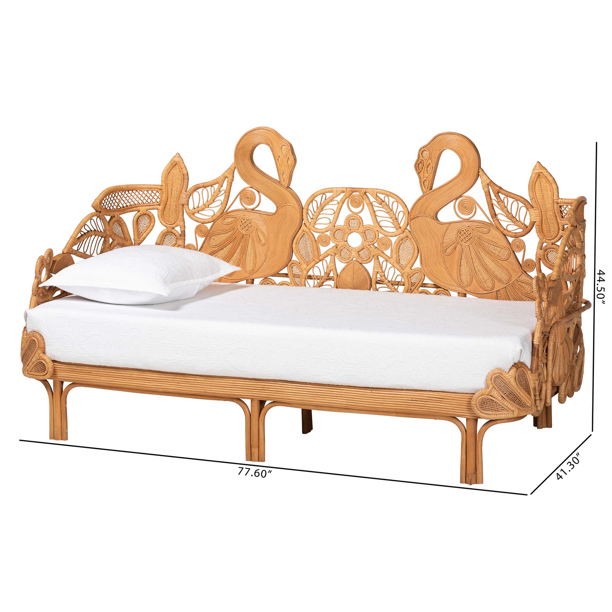 bali & pari Aves Natural Rattan Daybed with Decorative Flamingo Frame - Handwoven Wicker Lounge Bed with Boho Coastal Frame for Living Room, Bedroom, or Sunroom, Twin