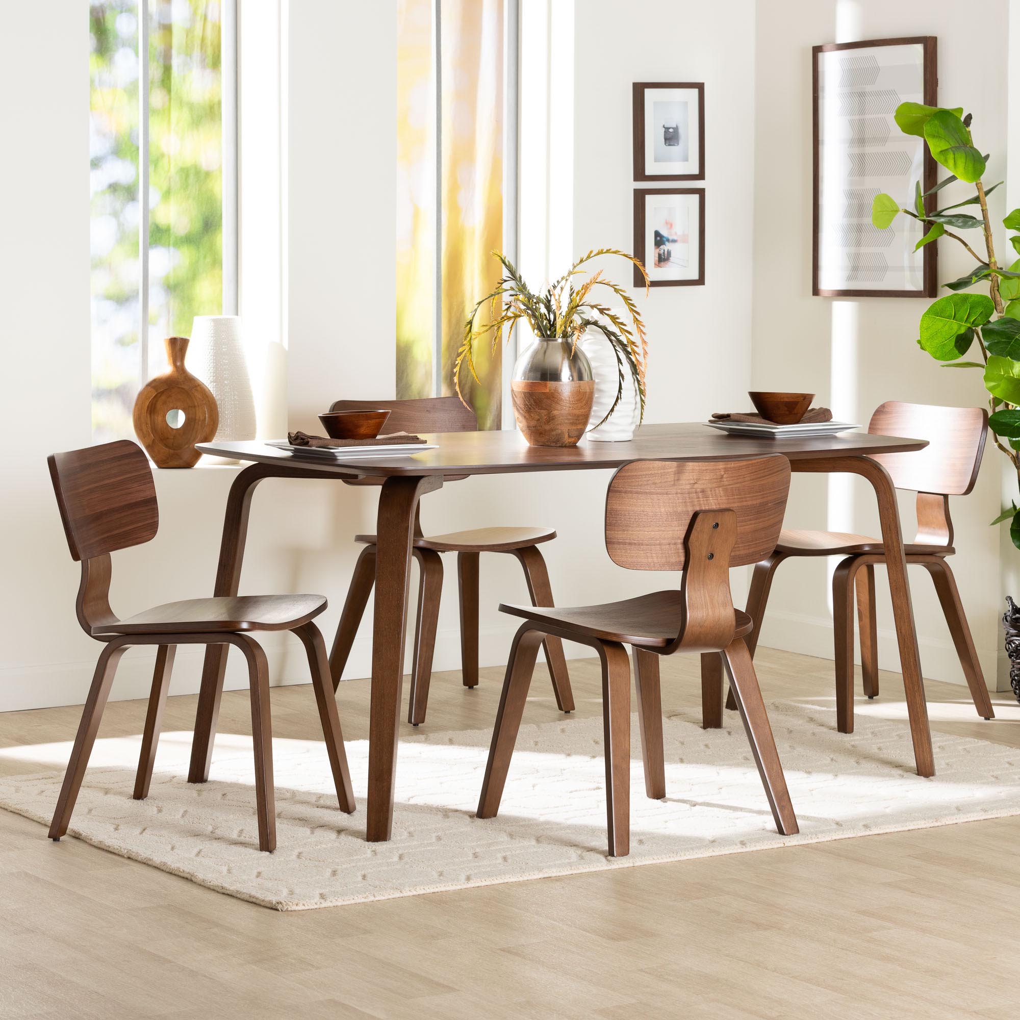 Baxton Studio Billie Wood 5-Piece Dining Set - Bentwood Frame Table with Matching Chairs, Mid-Century Style Set for Dining Room or Kitchen