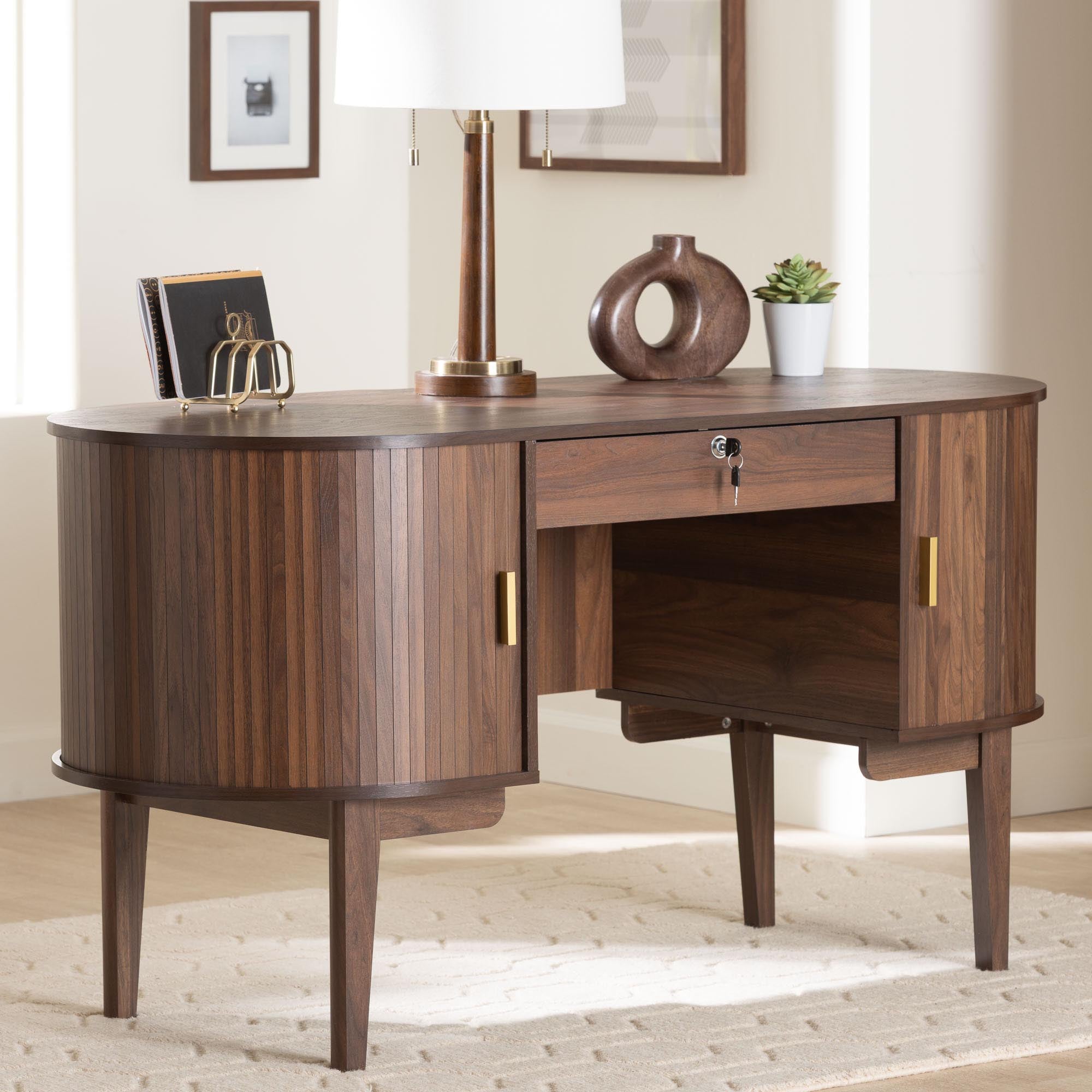 Baxton Studio Hayes Wood Writing Desk - Mid-Century Modern Oval Desk with Locking Drawer and Sliding Tambour Doors for Office or Home