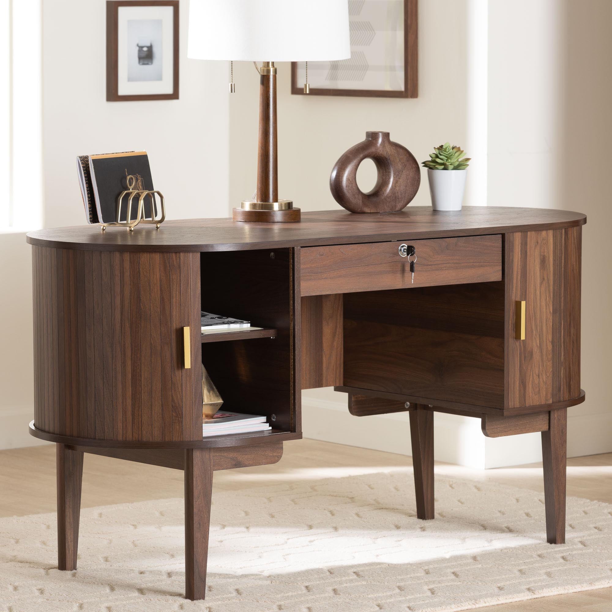 Baxton Studio Hayes Wood Writing Desk - Mid-Century Modern Oval Desk with Locking Drawer and Sliding Tambour Doors for Office or Home