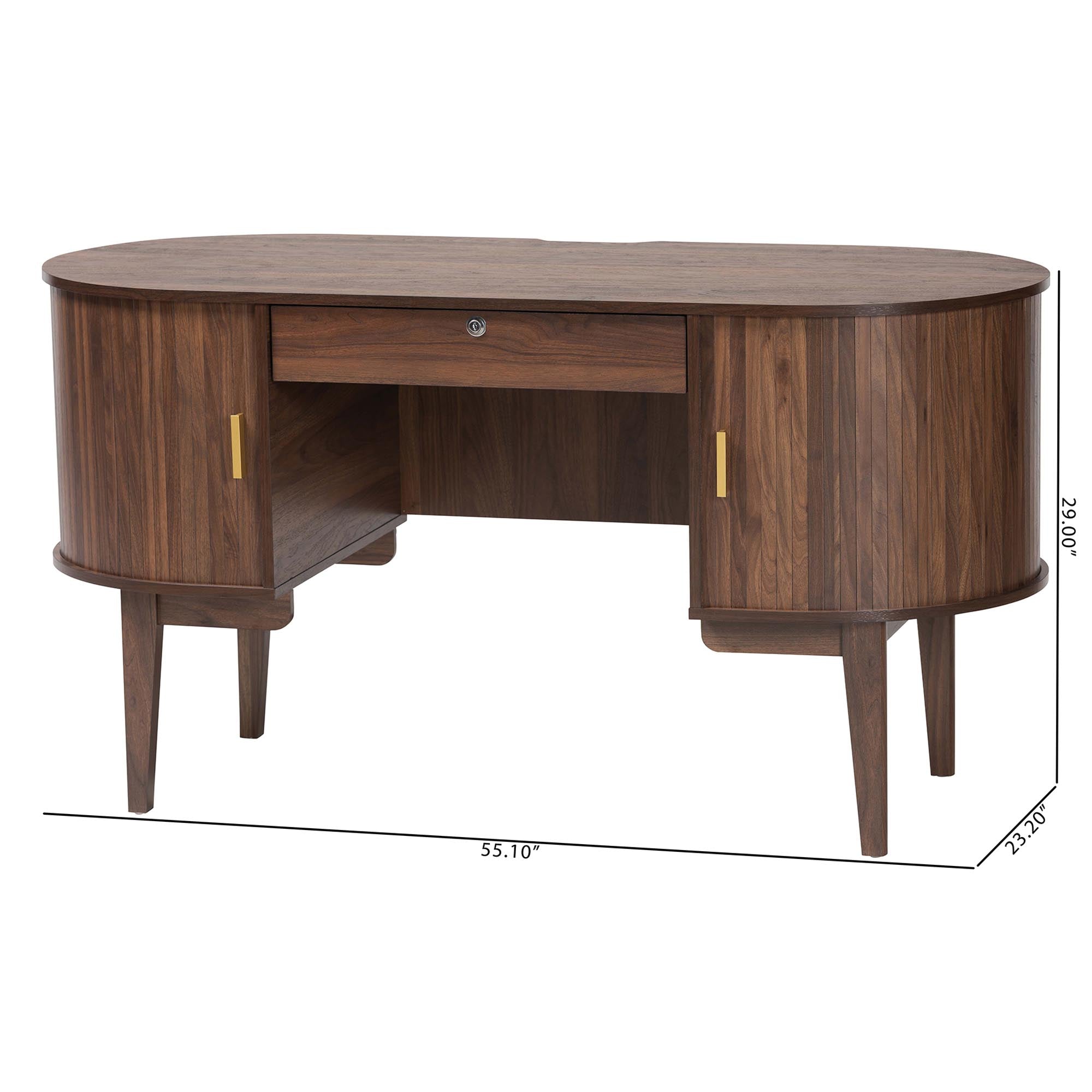 Baxton Studio Hayes Wood Writing Desk - Mid-Century Modern Oval Desk with Locking Drawer and Sliding Tambour Doors for Office or Home