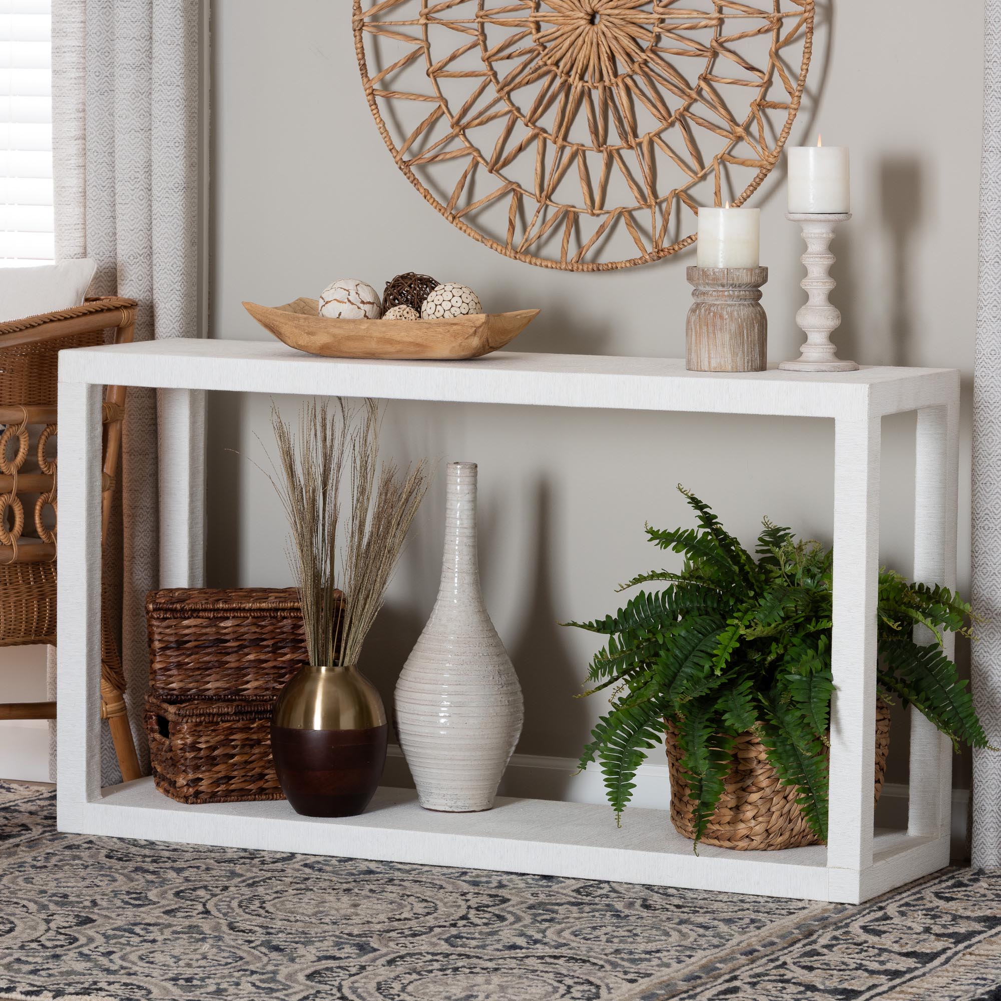 bali & pari Oaklynn Natural Grasscloth Console Table - Two-Tier Entryway Table with Open Frame, Modern Coastal Accent Table for Living Room or Hallway, White