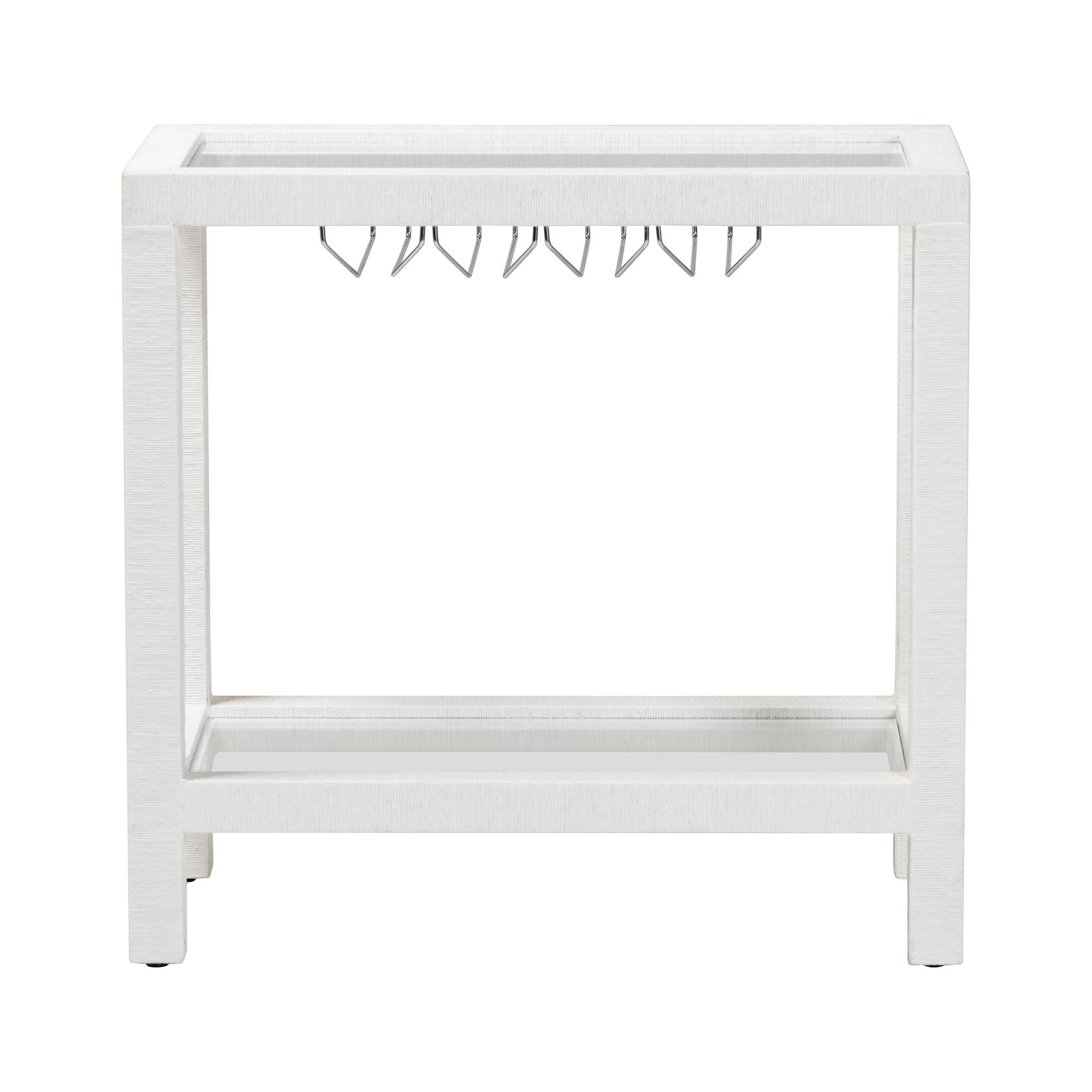 bali & pari Oaklynn Natural Grasscloth Wine Rack - Two-Tier Bar Table with Glass Shelves and Stemware Rack, Modern Coastal Console for Living Room or Dining Room, White