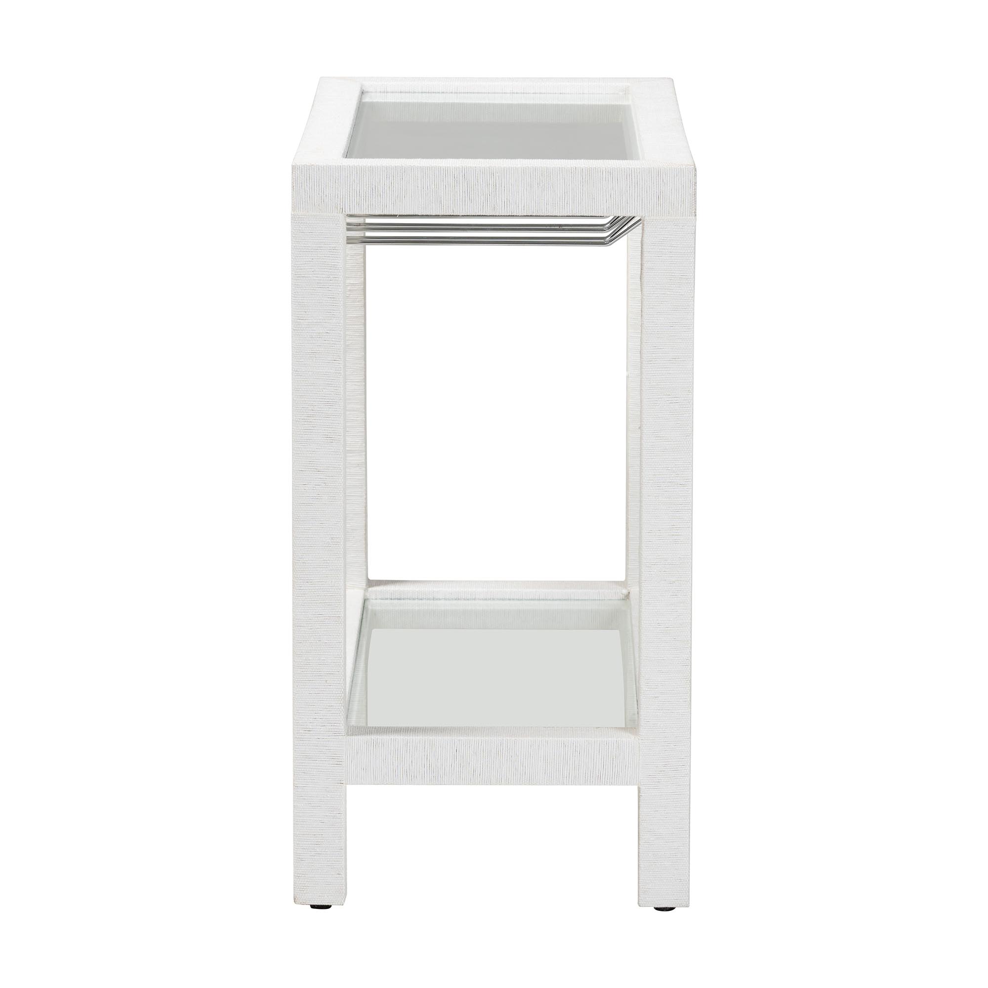 bali & pari Oaklynn Natural Grasscloth Wine Rack - Two-Tier Bar Table with Glass Shelves and Stemware Rack, Modern Coastal Console for Living Room or Dining Room, White