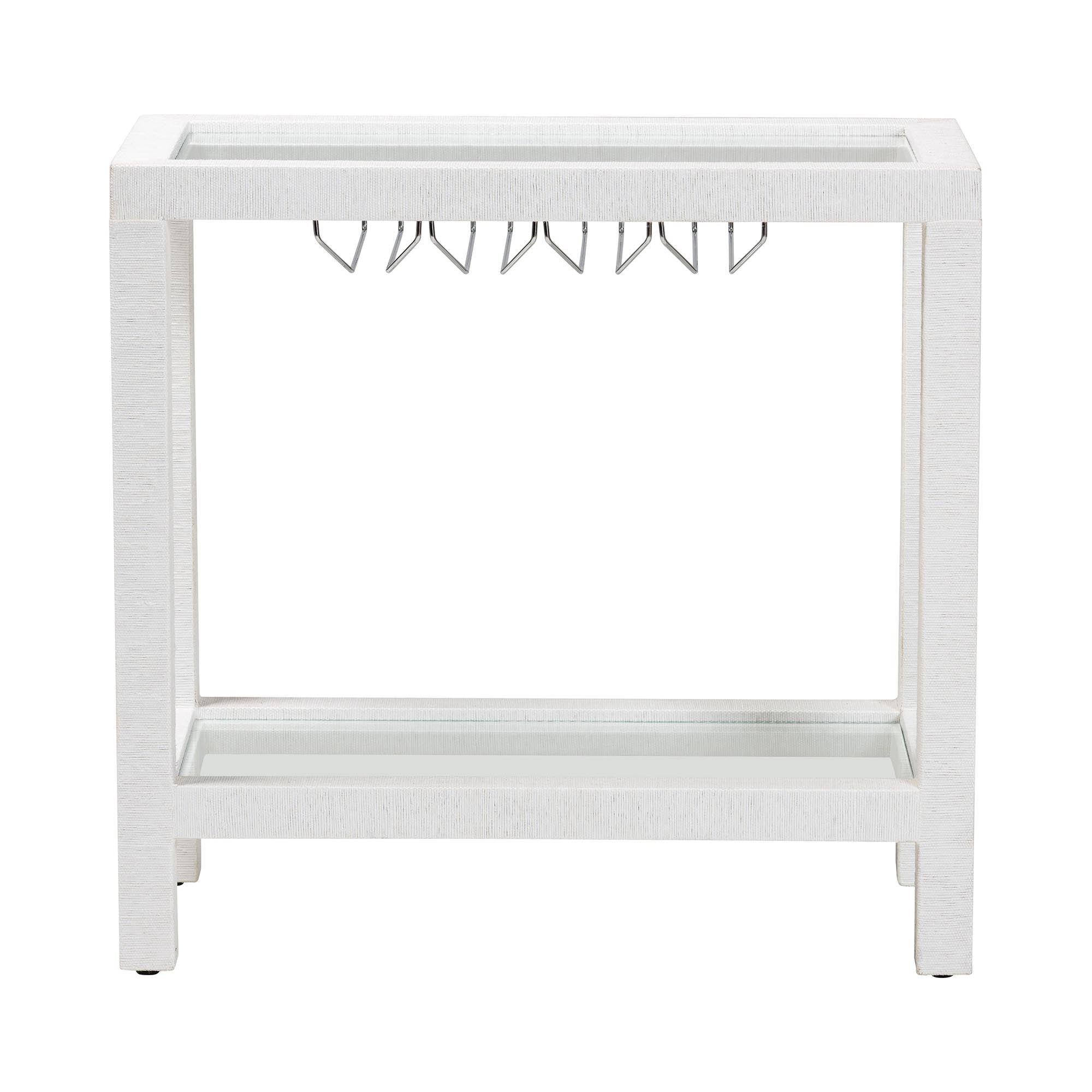 bali & pari Oaklynn Natural Grasscloth Wine Rack - Two-Tier Bar Table with Glass Shelves and Stemware Rack, Modern Coastal Console for Living Room or Dining Room, White