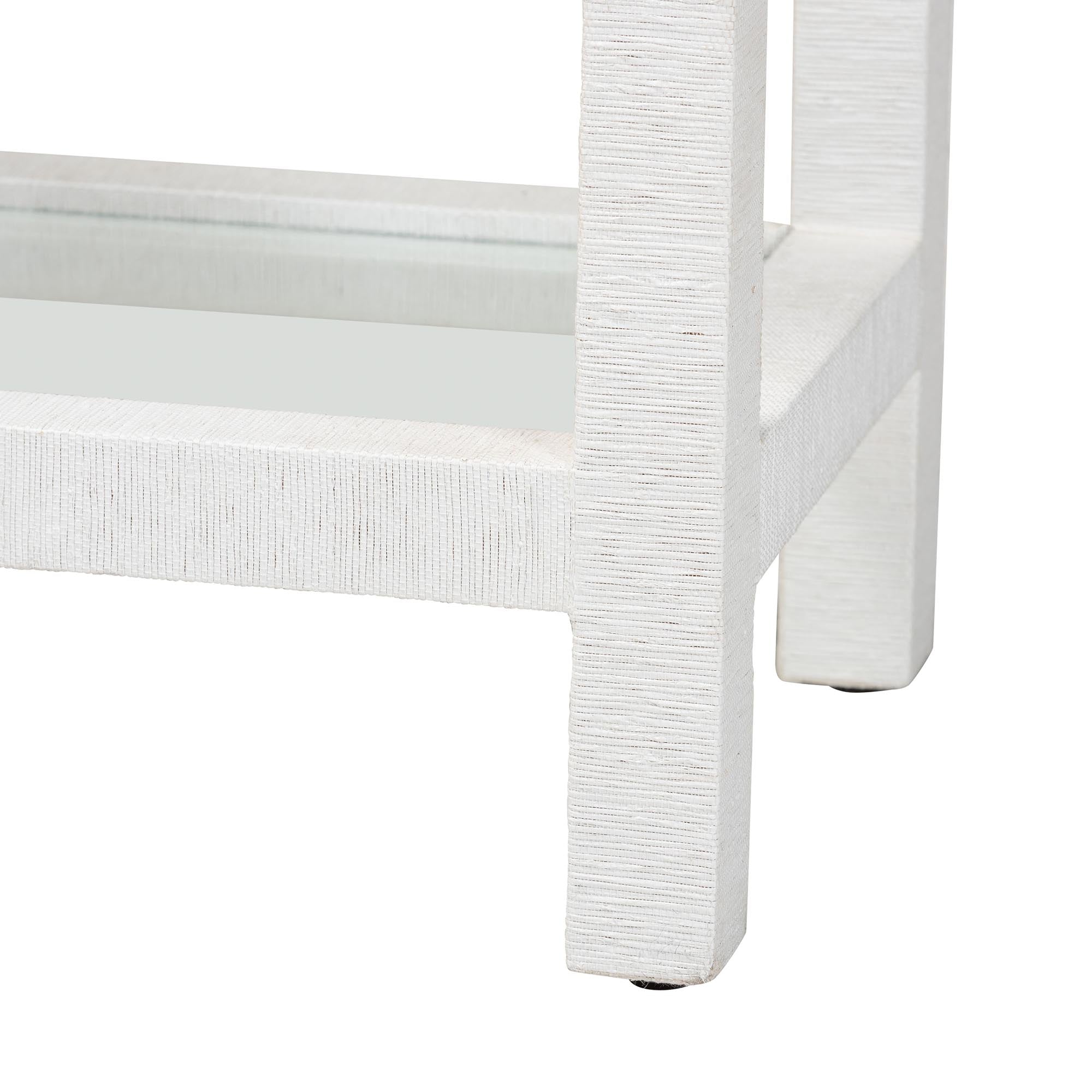 bali & pari Oaklynn Natural Grasscloth Wine Rack - Two-Tier Bar Table with Glass Shelves and Stemware Rack, Modern Coastal Console for Living Room or Dining Room, White