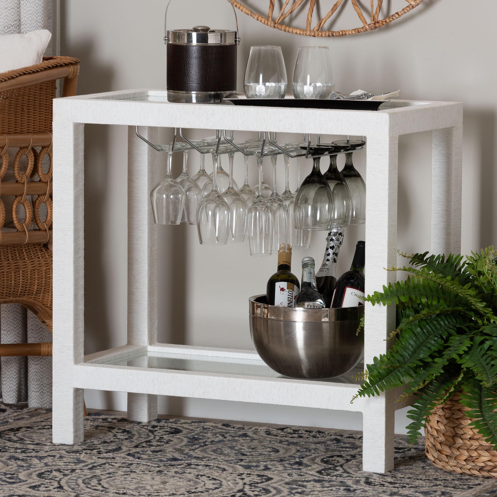 bali & pari Oaklynn Natural Grasscloth Wine Rack - Two-Tier Bar Table with Glass Shelves and Stemware Rack, Modern Coastal Console for Living Room or Dining Room, White