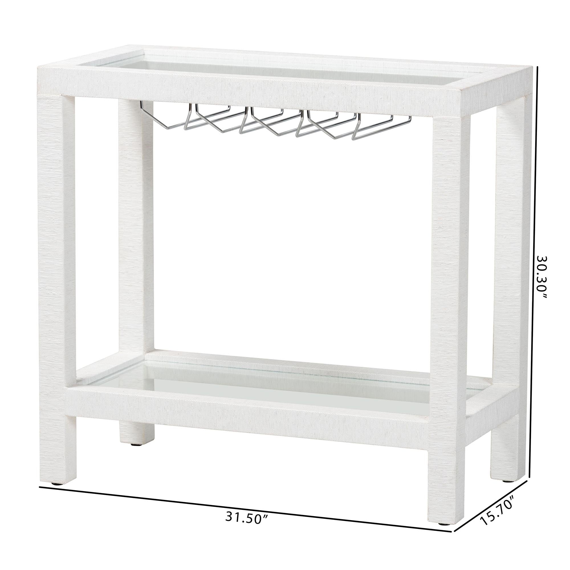 bali & pari Oaklynn Natural Grasscloth Wine Rack - Two-Tier Bar Table with Glass Shelves and Stemware Rack, Modern Coastal Console for Living Room or Dining Room, White