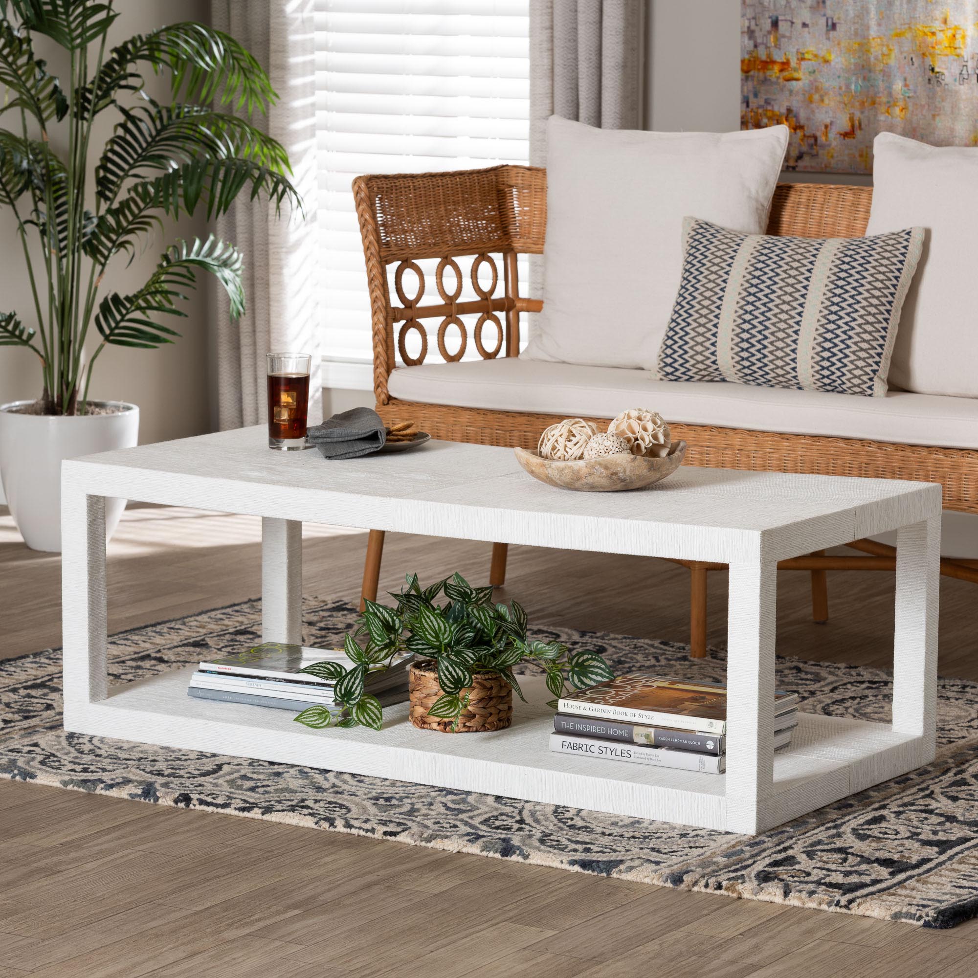 bali & pari Oaklynn Natural Grasscloth Coffee Table - Two-Tier Cocktail Table with Open Frame, Modern Coastal Centerpiece for Living Room or Lounge, White