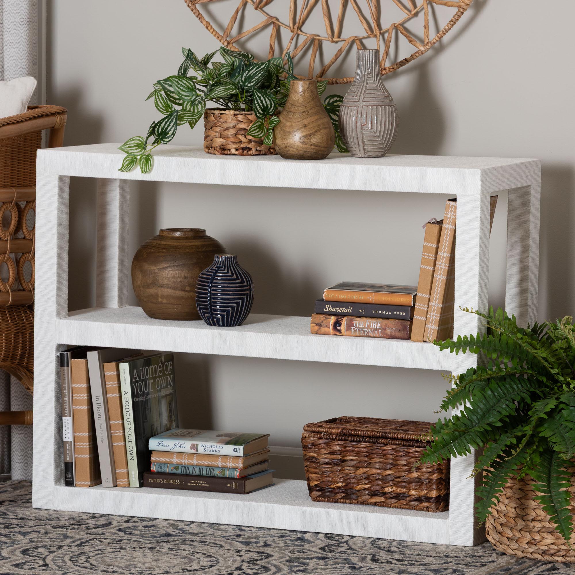 bali & pari Oaklynn Natural Grasscloth Bookshelf - Two-Tier Display Piece with Open Frame, Modern Coastal Accent Shelving for Living Room, White