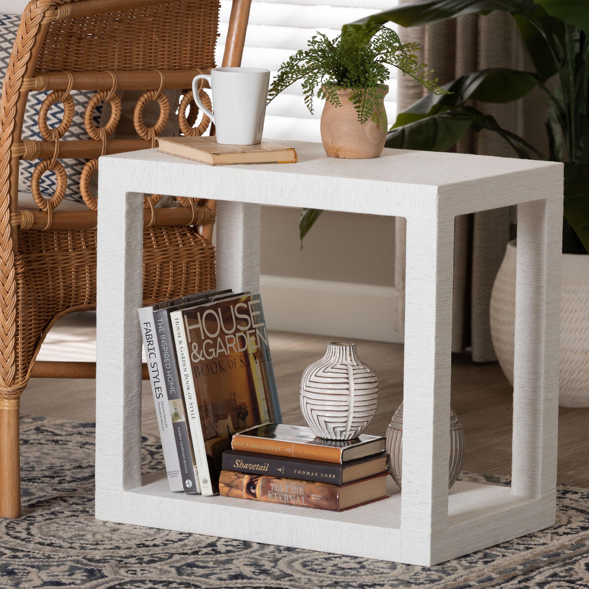 bali & pari Oaklynn Natural Grasscloth End Table - Two-Tier Accent Table with Open Frame, Modern Coastal Complement for Living Room or Lounge, White
