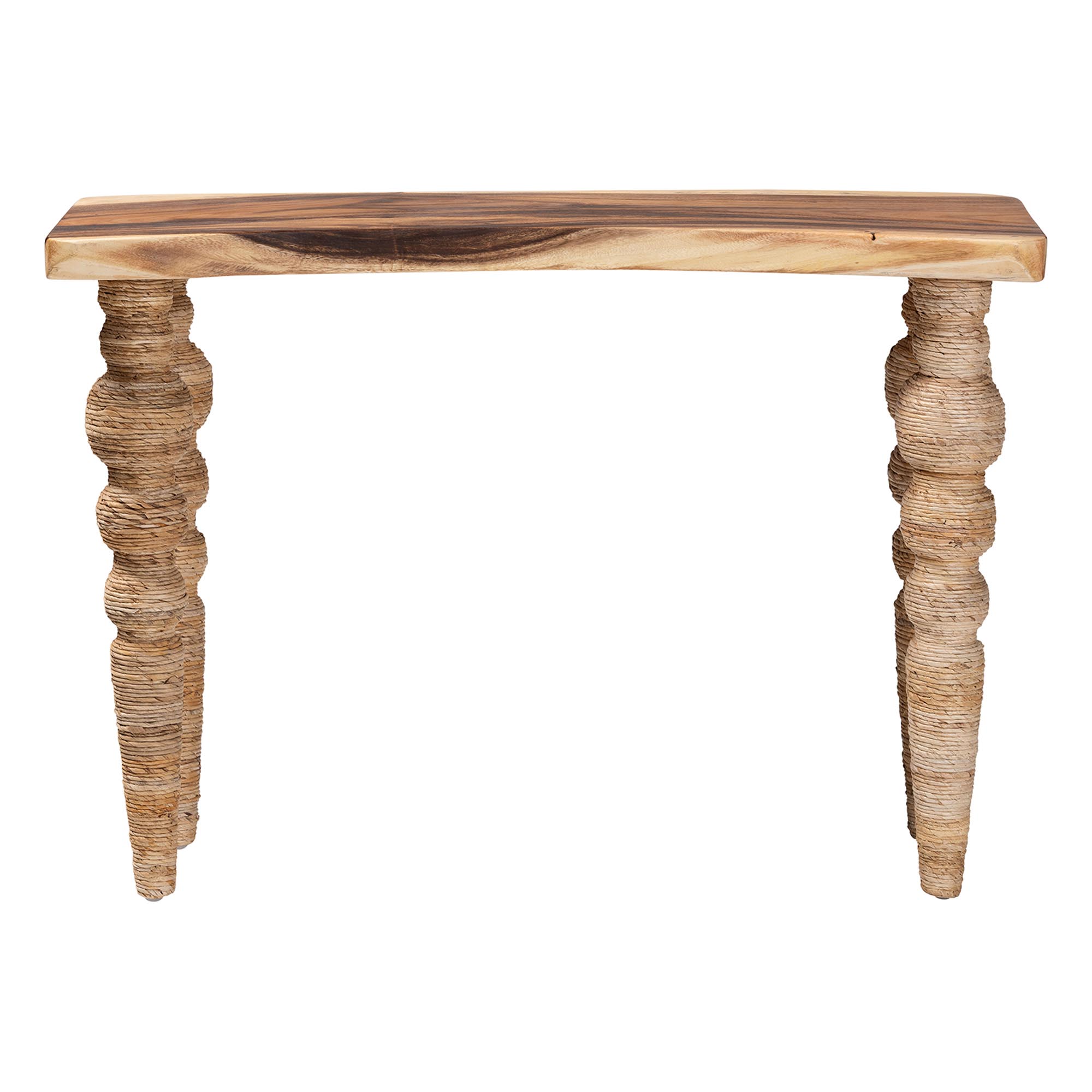 bali & pari Nasnan Teak Wood Console Table with Seagrass and Bobbin Legs - Sculptural Narrow Entryway Table with Hand-wrapped Turned Legs for Hallway, Living Room, or Walkway