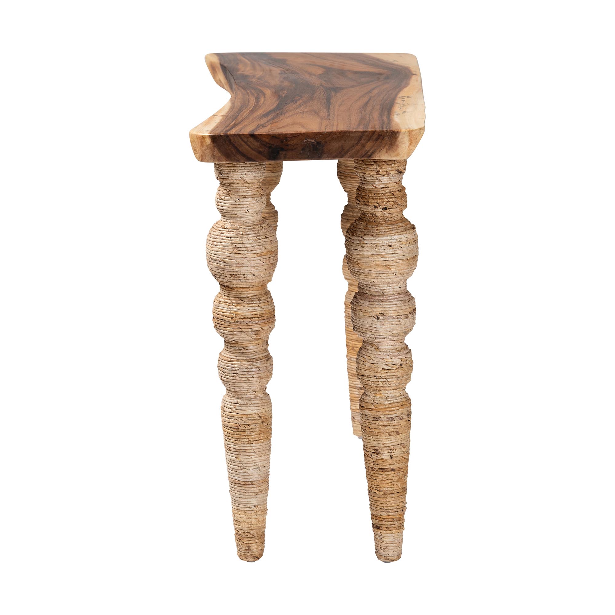 bali & pari Nasnan Teak Wood Console Table with Seagrass and Bobbin Legs - Sculptural Narrow Entryway Table with Hand-wrapped Turned Legs for Hallway, Living Room, or Walkway