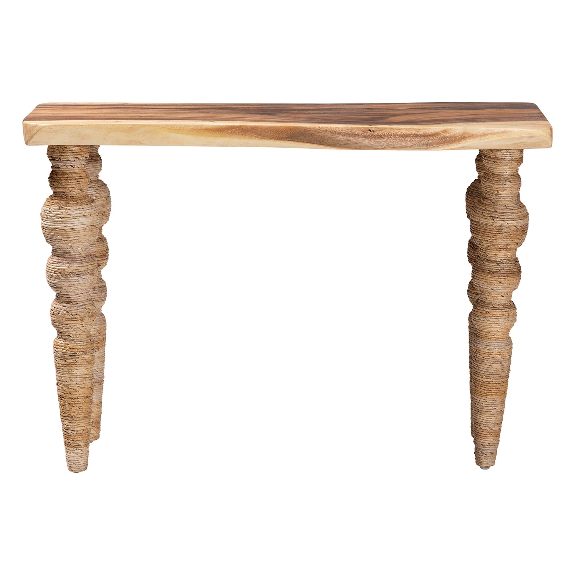 bali & pari Nasnan Teak Wood Console Table with Seagrass and Bobbin Legs - Sculptural Narrow Entryway Table with Hand-wrapped Turned Legs for Hallway, Living Room, or Walkway