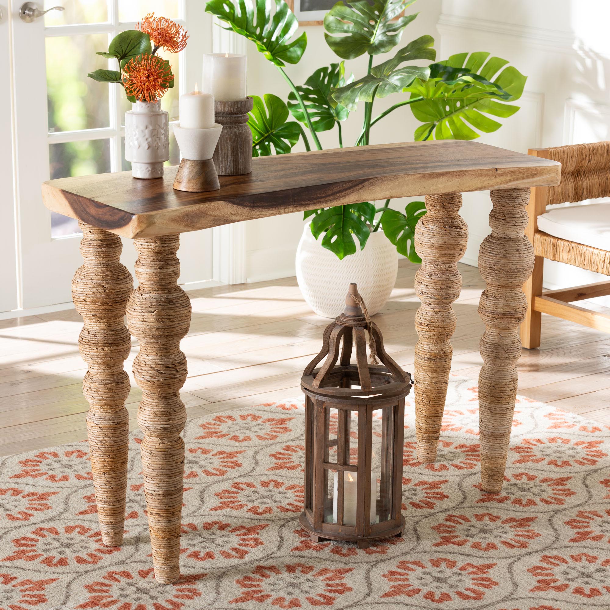 bali & pari Nasnan Teak Wood Console Table with Seagrass and Bobbin Legs - Sculptural Narrow Entryway Table with Hand-wrapped Turned Legs for Hallway, Living Room, or Walkway