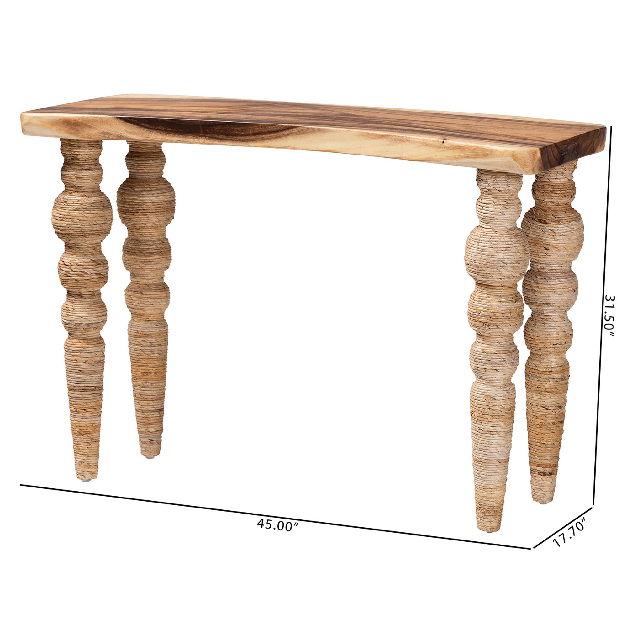 bali & pari Nasnan Teak Wood Console Table with Seagrass and Bobbin Legs - Sculptural Narrow Entryway Table with Hand-wrapped Turned Legs for Hallway, Living Room, or Walkway