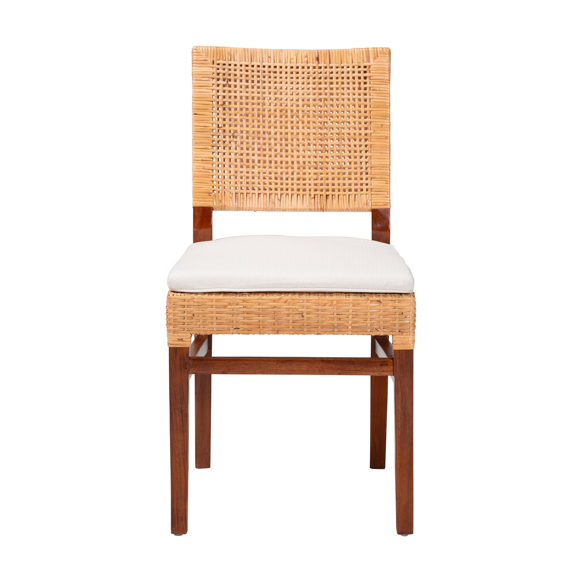 bali & pari Lesia Natural Rattan Dining Chair with Cushion - Handwoven Wicker Side Chair with Mahogany Wood Frame, Coastal Boho Style Seating for Kitchen or Dining Room