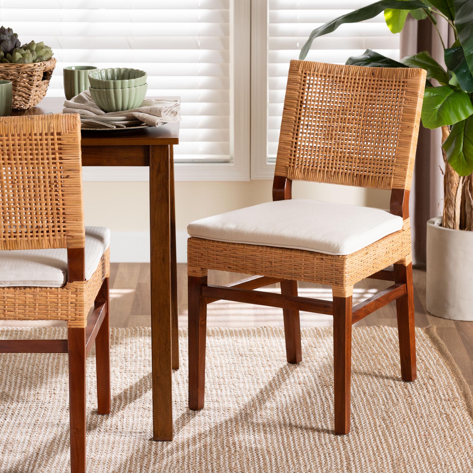 bali & pari Lesia Natural Rattan Dining Chair with Cushion - Handwoven Wicker Side Chair with Mahogany Wood Frame, Coastal Boho Style Seating for Kitchen or Dining Room