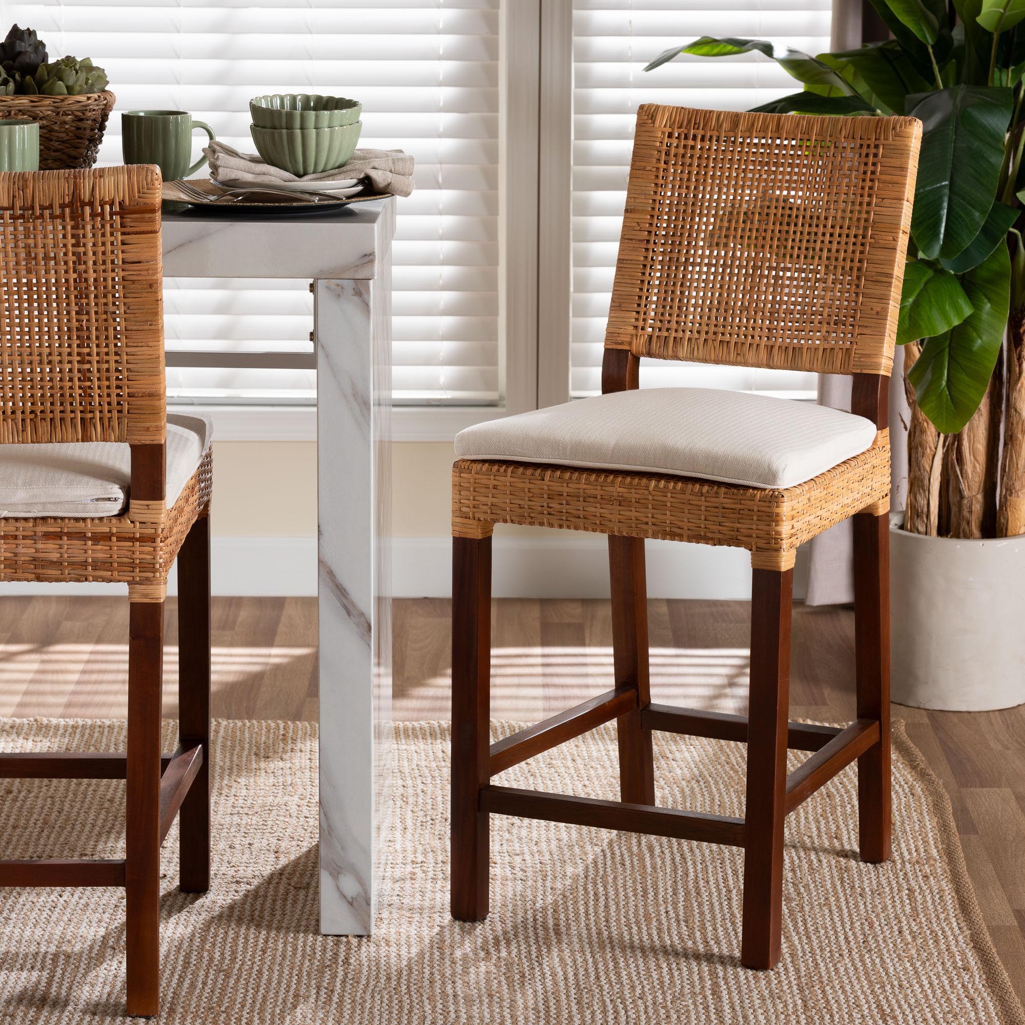 bali & pari Lesia Natural Rattan Counter Stool with Cushion - Handwoven Wicker Stool with Mahogany Wood Frame, Coastal Boho Style for Kitchen Island or Bar Seating
