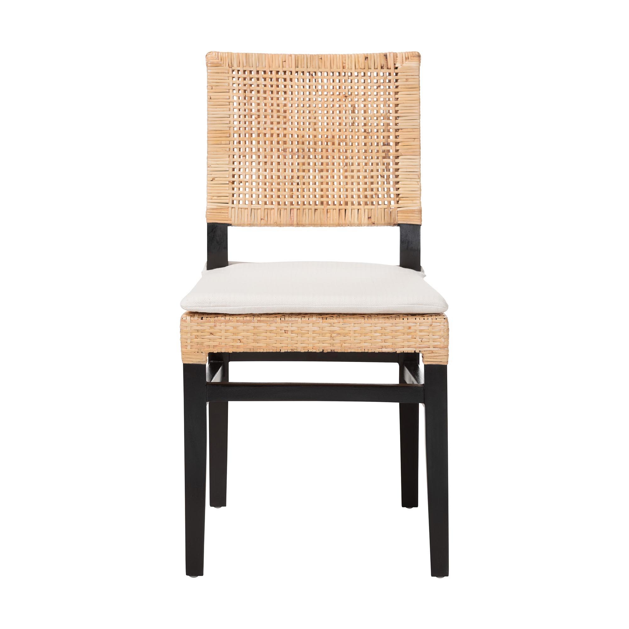 bali & pari Lesia Natural Rattan Dining Chair with Cushion - Handwoven Wicker Side Chair with Mahogany Wood Frame, Coastal Boho Style Seating for Kitchen or Dining Room, Espresso Brown