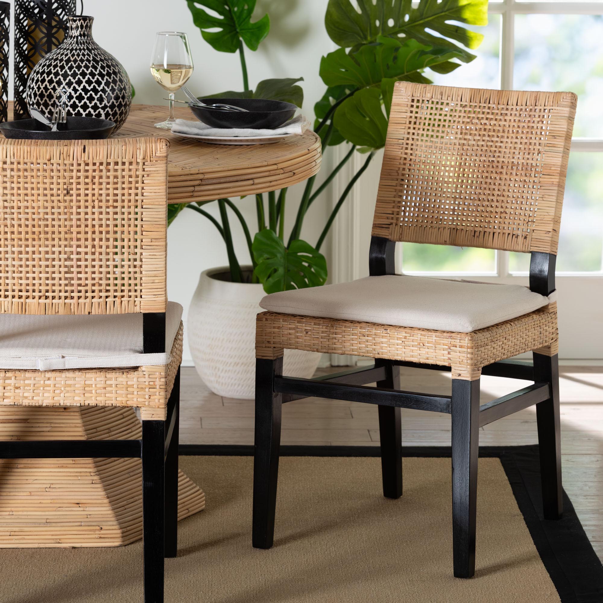 bali & pari Lesia Natural Rattan Dining Chair with Cushion - Handwoven Wicker Side Chair with Mahogany Wood Frame, Coastal Boho Style Seating for Kitchen or Dining Room, Espresso Brown